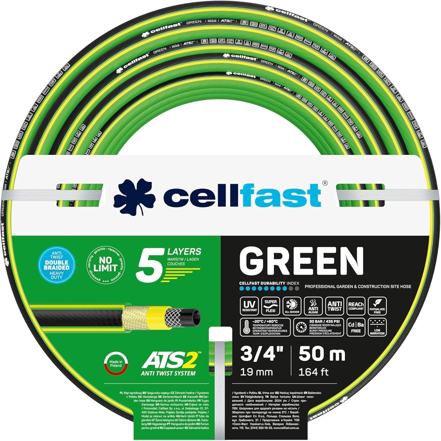 CELLFAST Tuinslang 5-laags waterslang dubbel gevlochten grensoverschrijdende irrigatieslang UV-bestendig anti-algen flexibel 30 bar 3,4 inch 50 meter groen