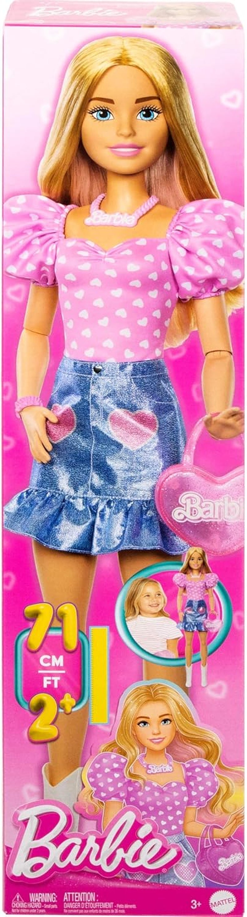 Modieuze Barbie pop 71 cm blond met afneembare kleding roze top denim rok cowboylaarzen ketting en handtas HYT84