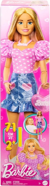 Modieuze Barbie pop 71 cm blond met afneembare kleding roze top denim rok cowboylaarzen ketting en handtas HYT84