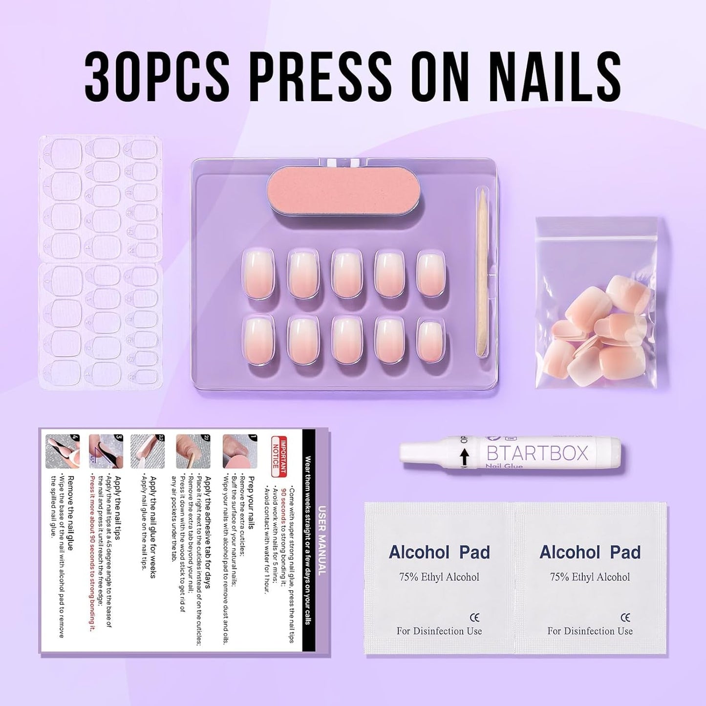 Btartbox Korte vierkante kunstnagels Baby Boomer lijm op witte gradiënt roze kunstnagels Korte kunstnagels met nagellijm 30 stuks vierkante kunstnagels
