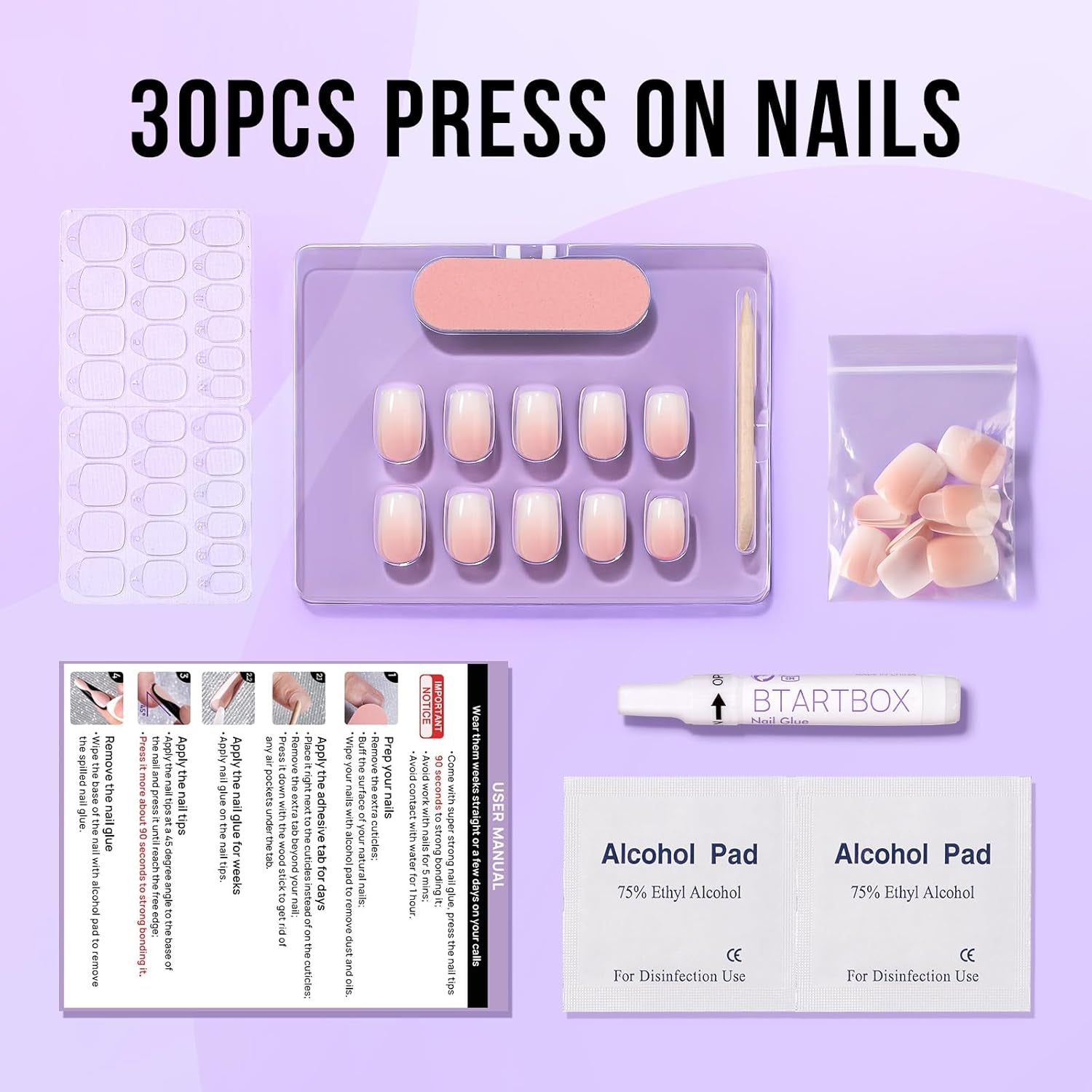 Btartbox Korte vierkante kunstnagels Baby Boomer lijm op witte gradiënt roze kunstnagels Korte kunstnagels met nagellijm 30 stuks vierkante kunstnagels