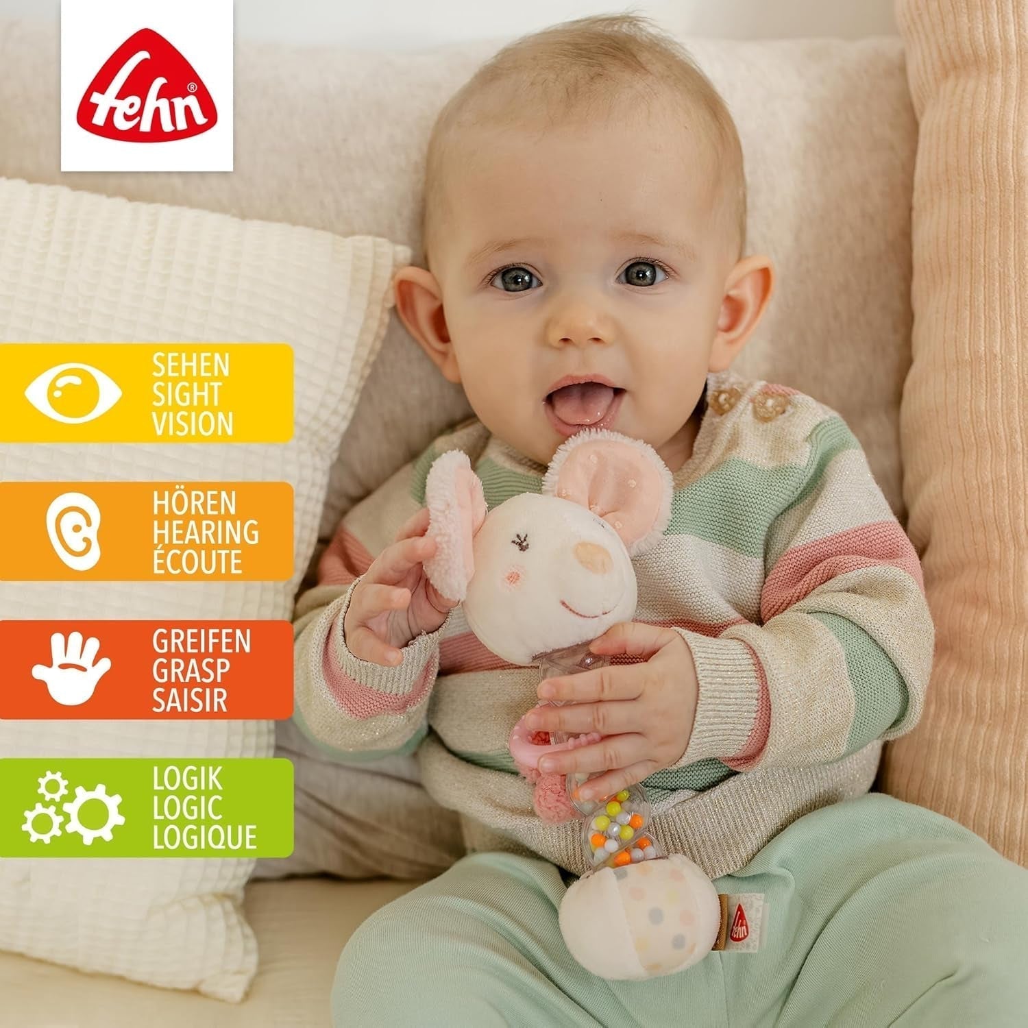 Fehn Rainmaker muis - motorisch speeltje met bel om vast te pakken en geluidjes te maken - belstok stimuleert op speelse wijze zintuigen en motoriek - voor baby's en peuters vanaf 0+ maanden Babyspeelgoed Naty Shop