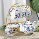 Fanquare porseleinen theeservies met blauwe bloem en metalen standaard Vintage porseleinen koffiekop en schotel Engelse koffieset voor volwassenen