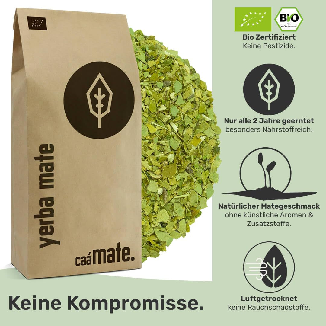 BIO Yerba Mate Thee 1 kg ● Origineel ● Rijp ● Ongebrand ● Luchtgedroogd ● Rookvrij ● Plasticvrij ● Fair Trade ● Matethee van matebladeren, matestukjes en matebladpoeder ● DE-ÖKO-006