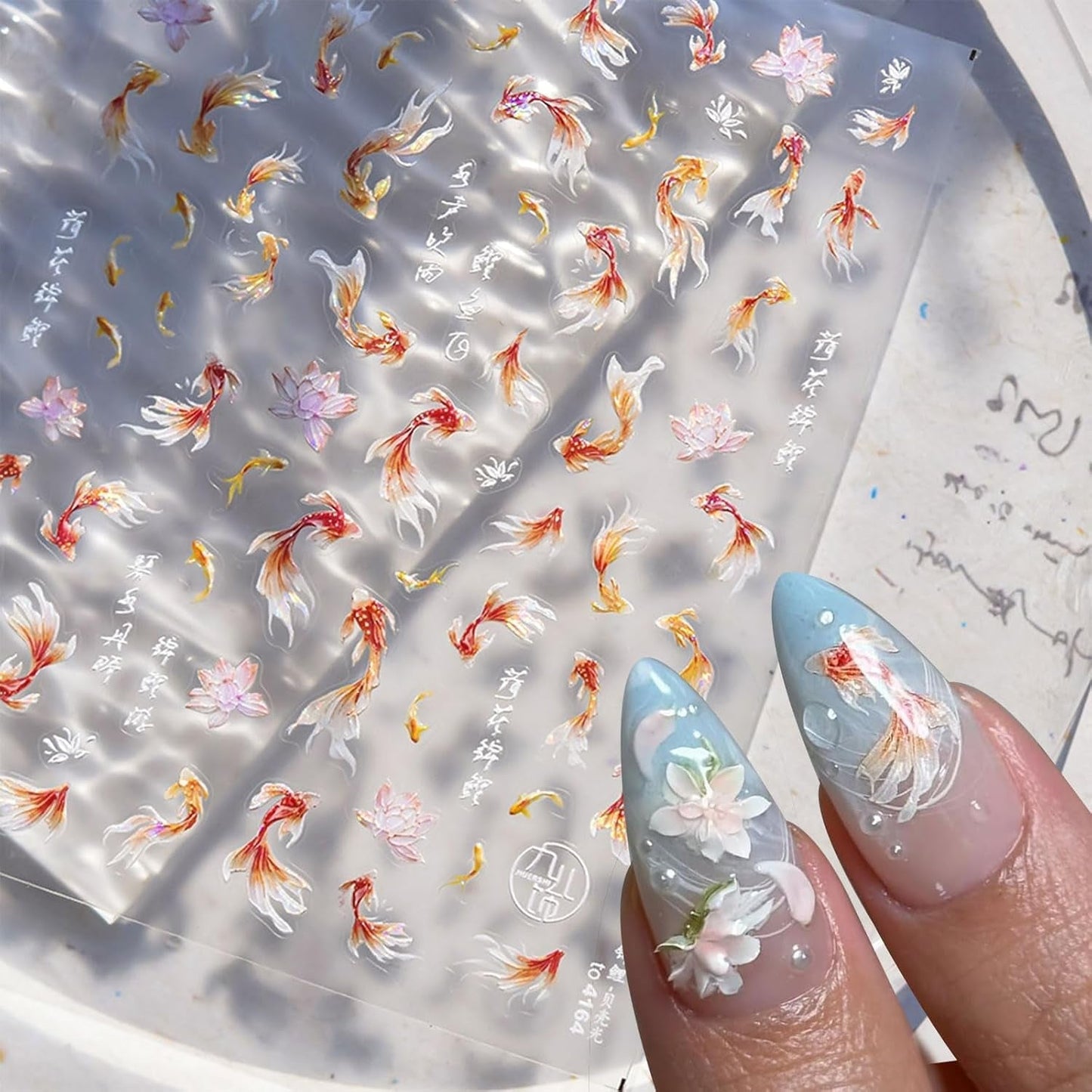 JMEOWIO 3D Nagelsticker Koi Fisch Nail Art Sticker Selbstklebend Nagelaufkleber 5D Stereoskopische Decoratie Nageldesign Zubehör 1 Blatt