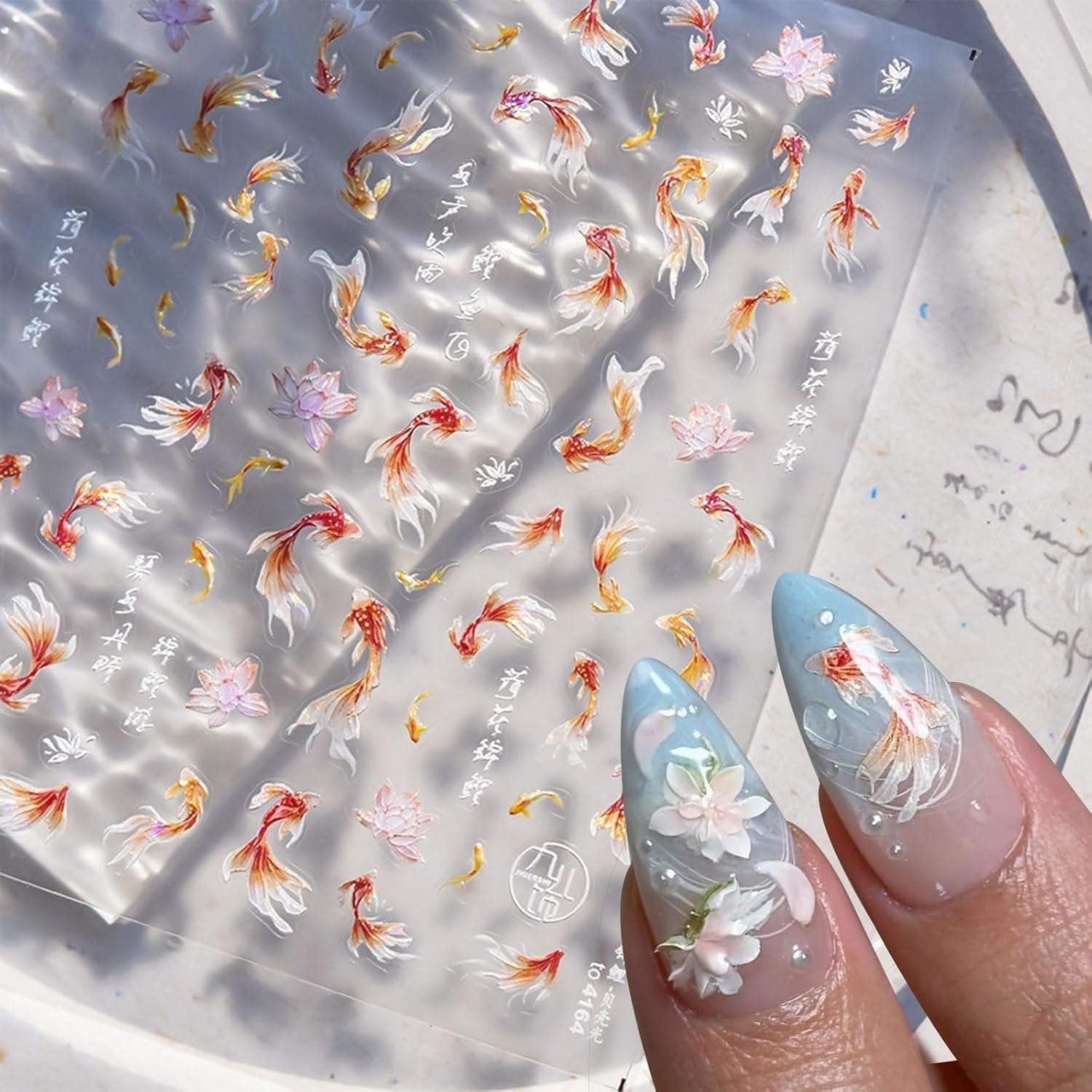 JMEOWIO 3D Nagelsticker Koi Fisch Nail Art Sticker Selbstklebend Nagelaufkleber 5D Stereoskopische Decoratie Nageldesign Zubehör 1 Blatt
