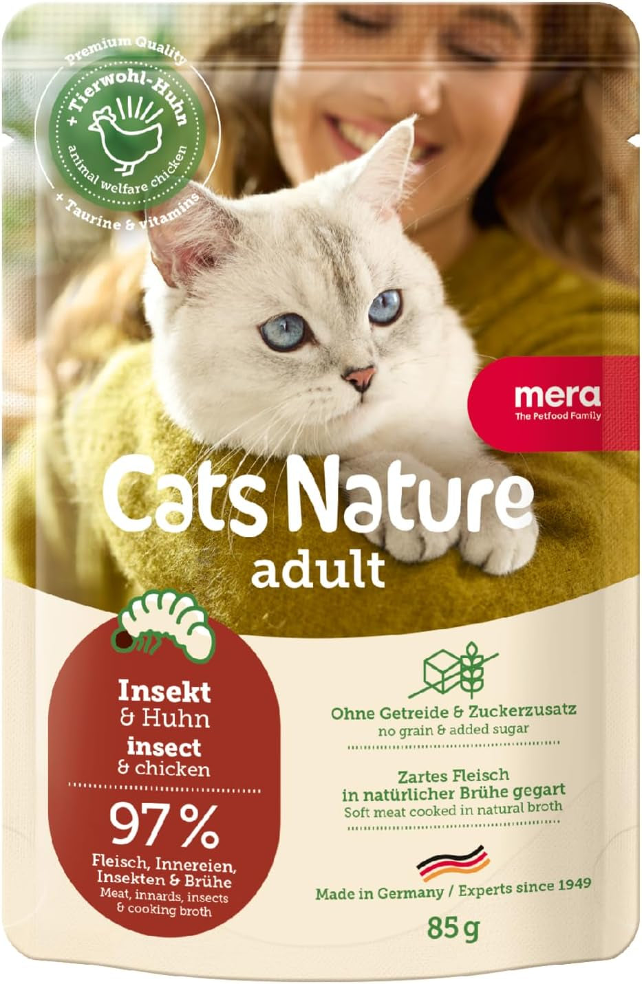 MERA Cats Nature Insect Premium Katzenfutter Nass 12x85g | ohne Zucker en Getreide| Nachhaltig en met veel Insektenproteïne | Volwassen Katzennassfutter