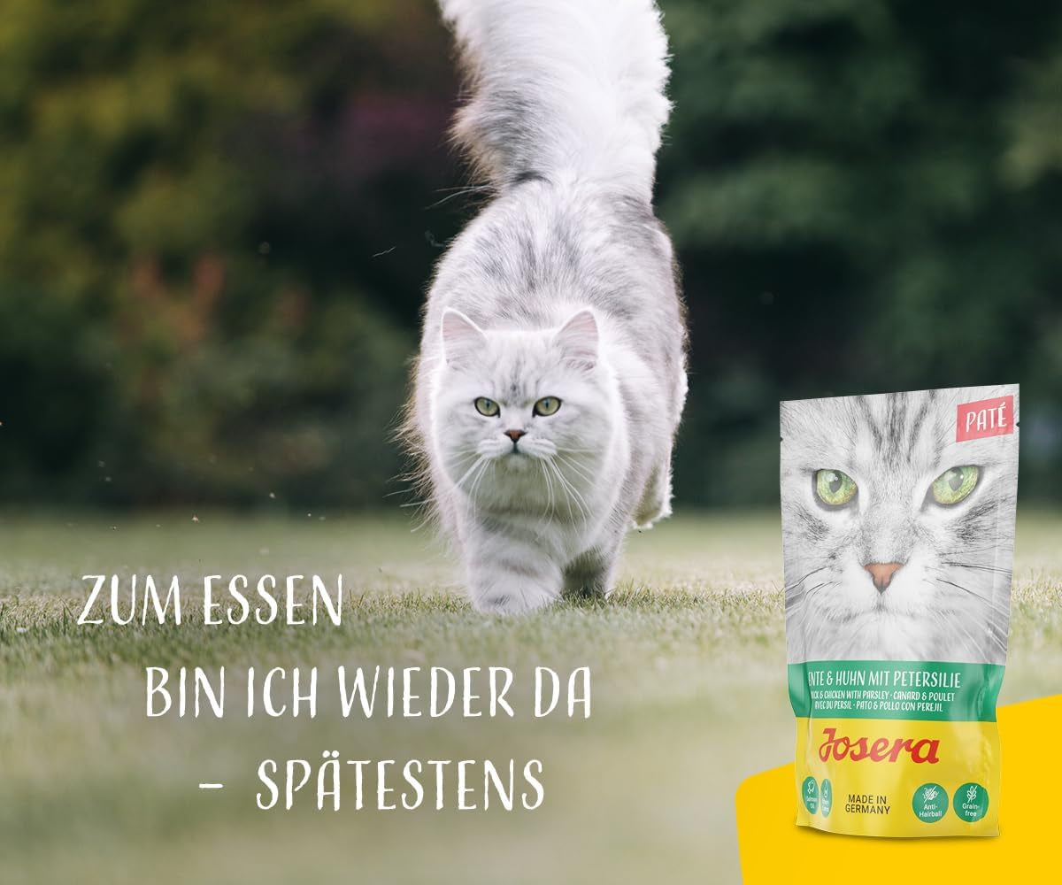 JOSERA Paté van eend en kip met peterselie (16 x 85 g) | Volwassene | Premium natvoer voor volwassen katten | Paté van eend en kip | Zalmolie | Geen granen | Natvoer voor katten in verse zakjes | Pak van 16