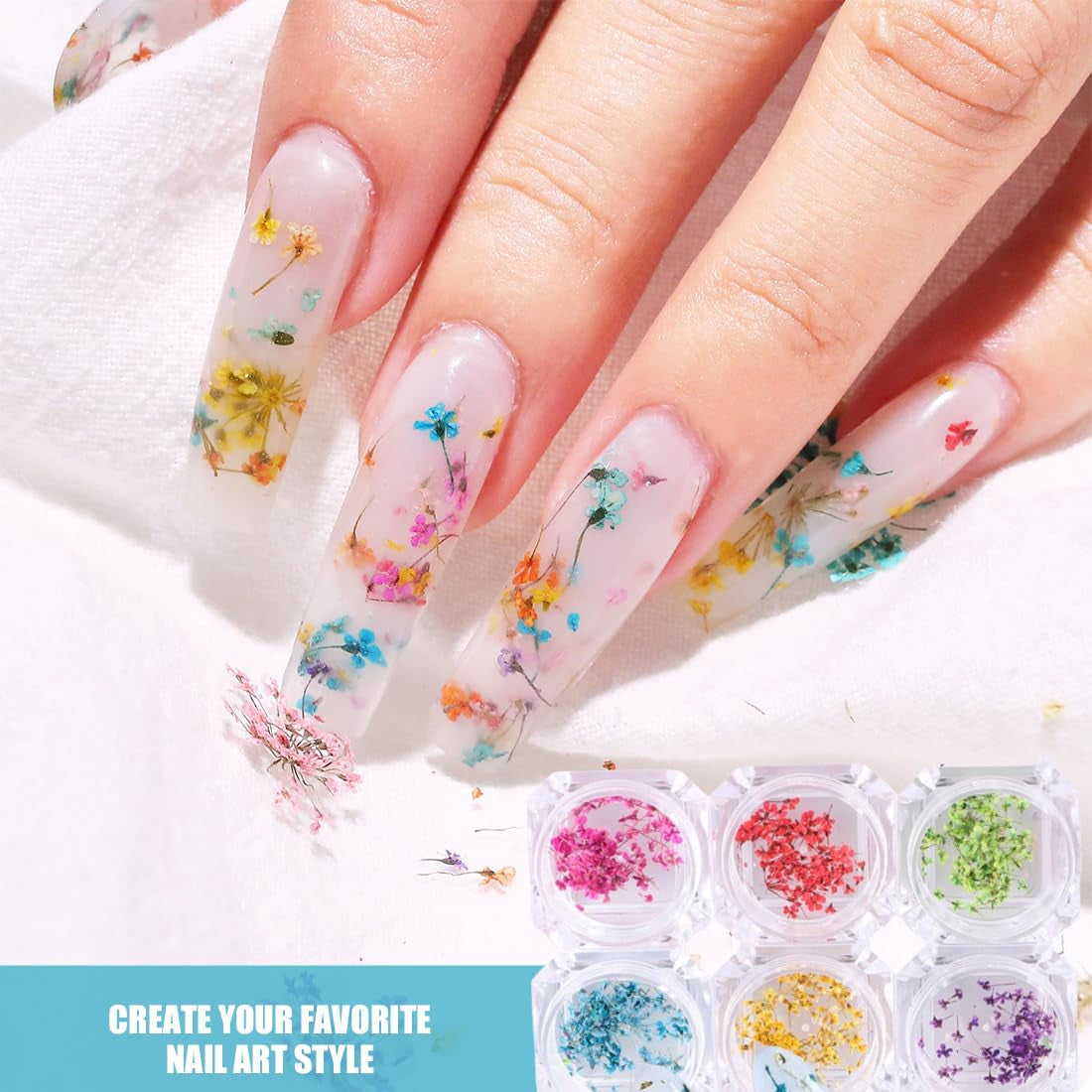 EYVRPAU 6 Stück Nail Art Flowers Set Decoration, Gelnägel Zubehör 6 Farben, Nail Art Aufkleber Trockene Blumen Kit Getrocknete Blumen Zubehör Set DIY Nageldecoratie