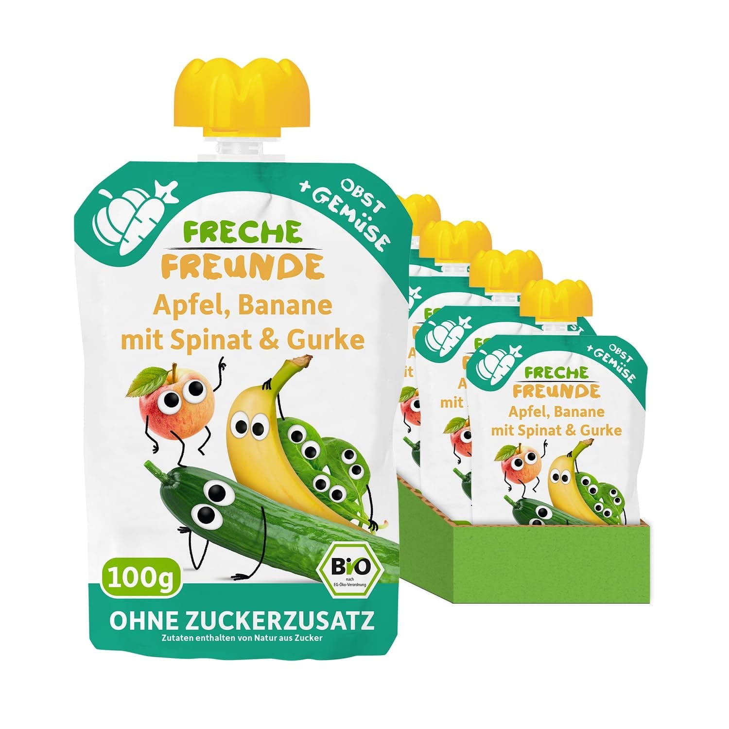 FRECHE FREUNDE Biologisch knijpbaar fruitzakje met appels, bananen, spinazie en komkommer, gepureerd fruit en groenten in een knijpzakje voor baby's vanaf 6 maanden, veganistisch, 6 stuks (6 x 100 g)