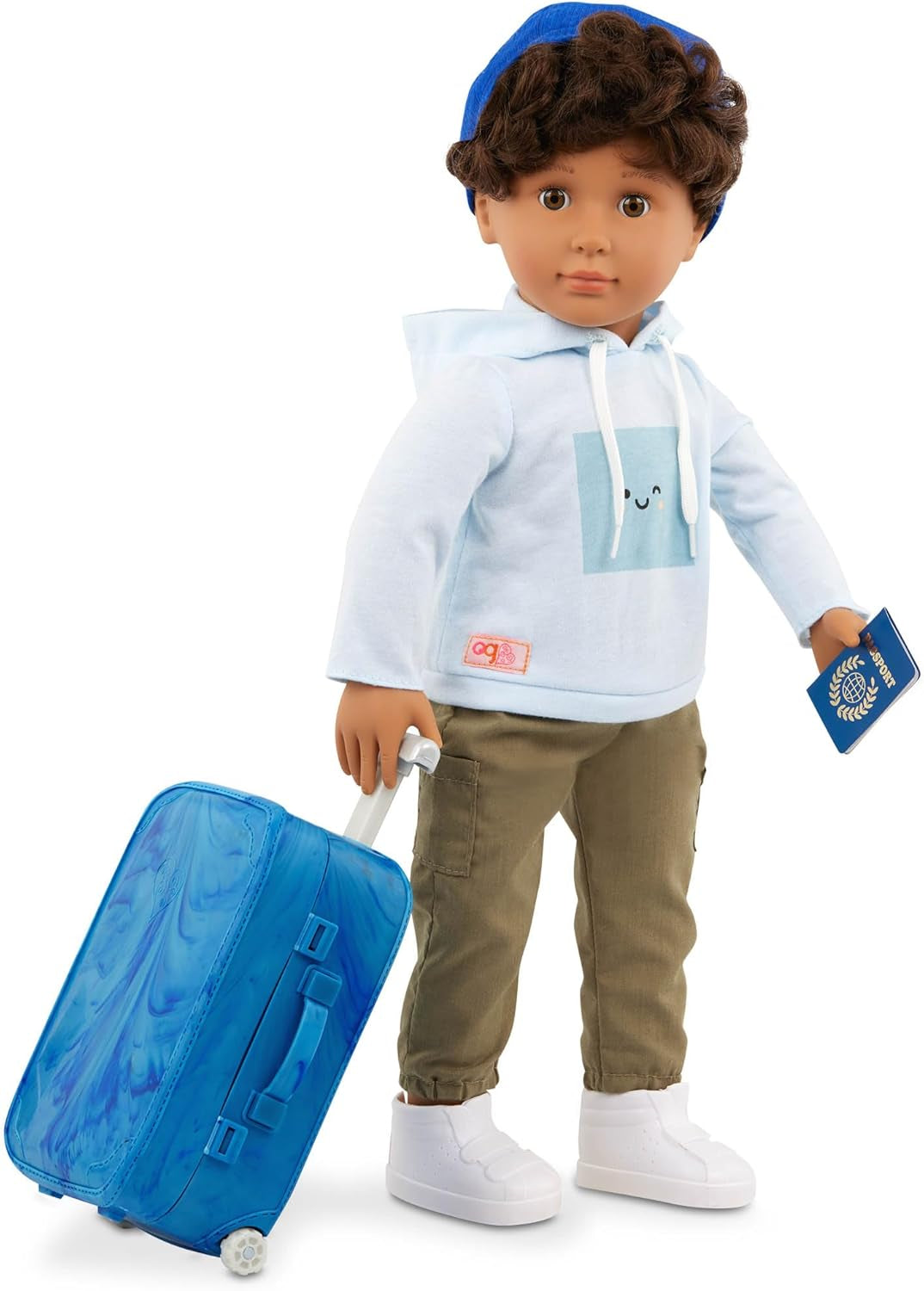 Our Generation - Milo - Jongenspop van 46 cm - Levensechte bruine ogen en krullend bruin haar - Bagage op wielen en reisaccessoires - Fantasiespel - Speelgoed voor kinderen vanaf 3 jaar