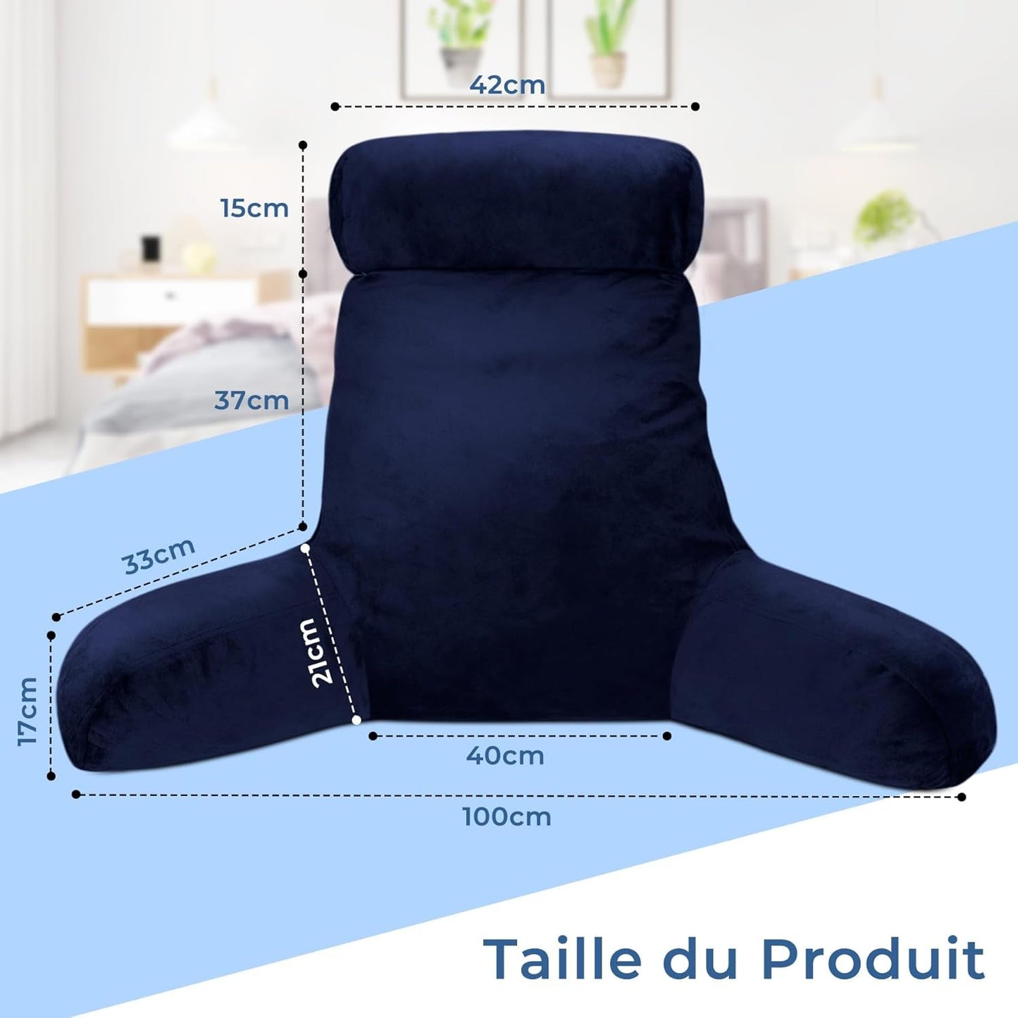 INFANZIA leeskussen met armleuningen, traagschuim, ergonomische ondersteuning voor bank en bed, marineblauw
