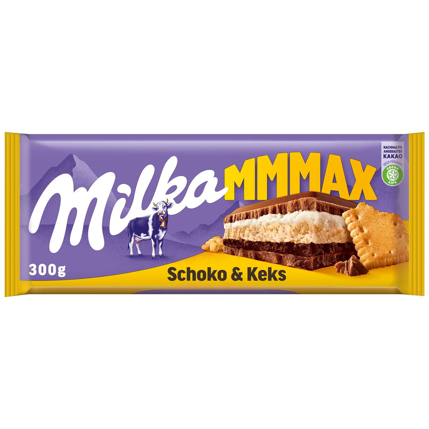 Milka Mmax Chocolade en Koekjes – Alpenmelkchocolade met melkroomvulling en knapperige stukjes koekjes – 300g