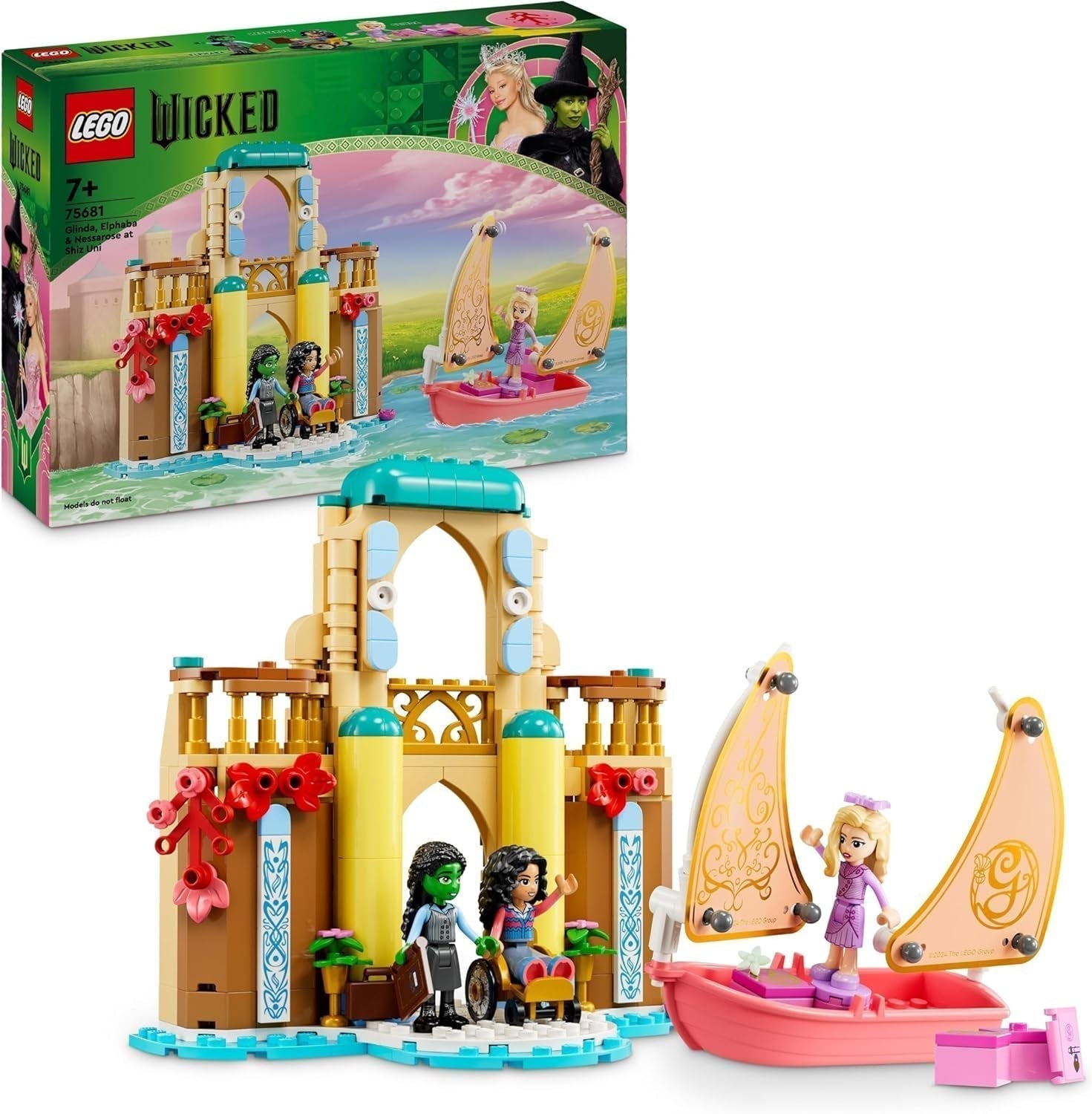 LEGO Wicked Glinda, Elphaba en Nessarose van de Shiz Universiteit Zeilboot en 3 figuren Speelgoedboot Cadeau voor meisjes en jongens 7 jaar oude poppenhuisliefhebbers 75681 Bouwsets Bekijk de standaardtitel van de LEGO Store