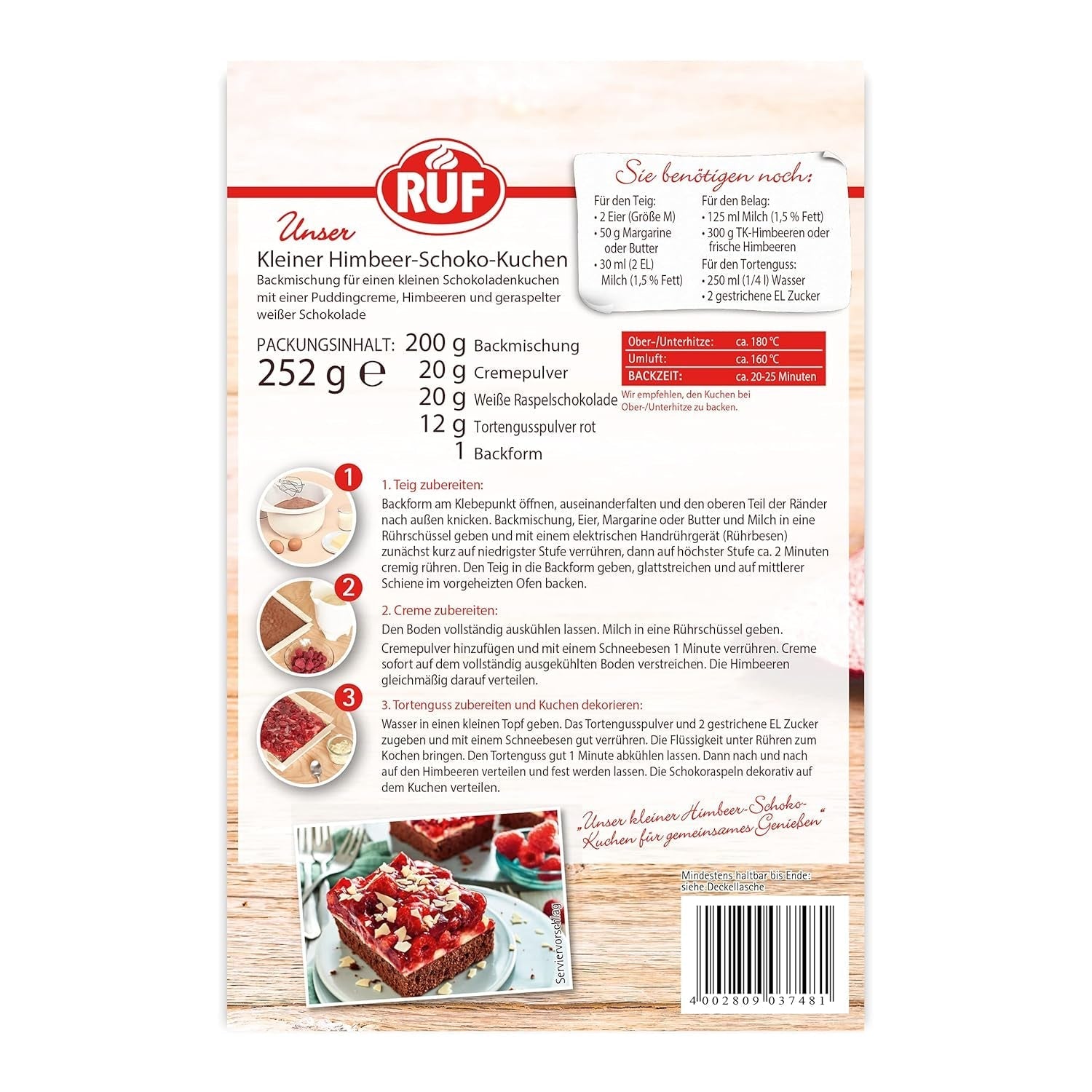RUF Kleiner Himbeer-Schokokuchen, Mini-Kuchen Mit Feiner Puddingcreme, Himbeeren en Weißen Schokoraspeln, Inkl. Backform, 1X252G Mengsel voor bakken en koken Naty Shop