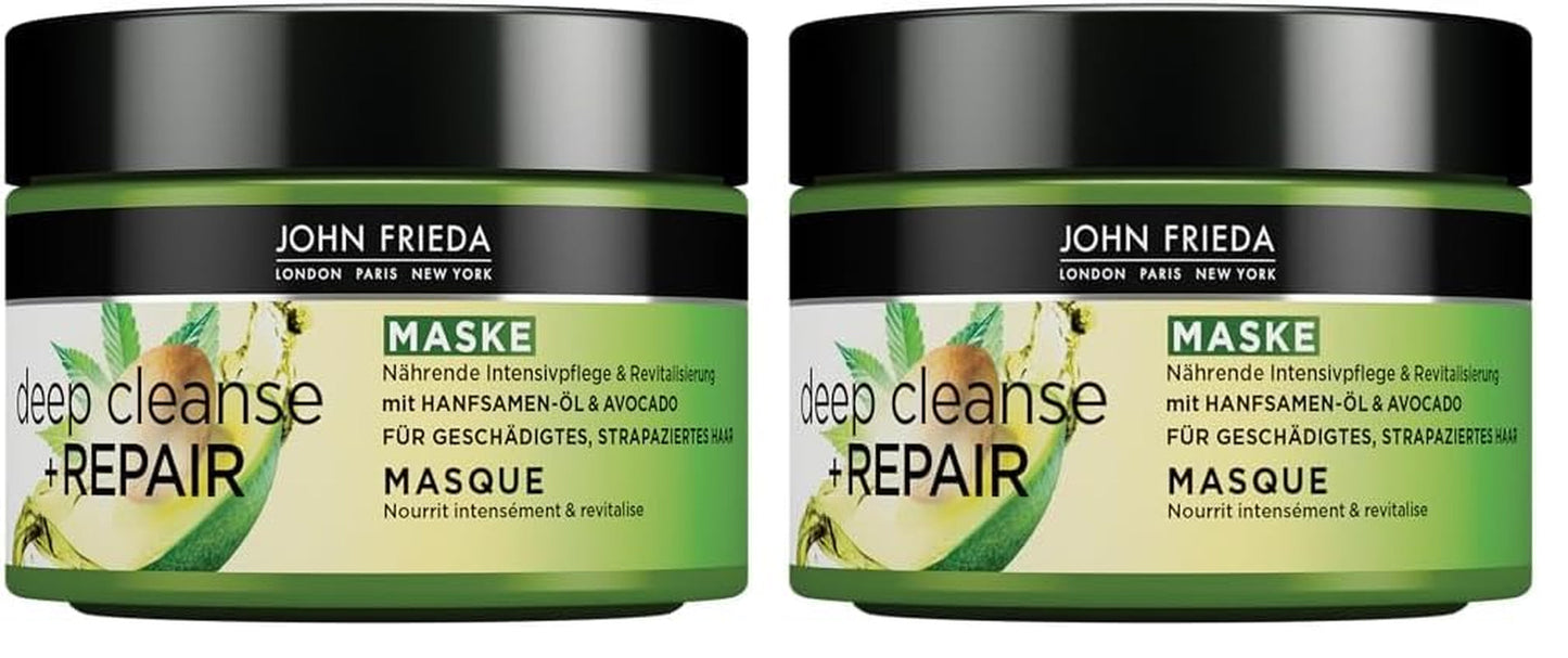 John Frieda - Deep Cleanse & Repair Mask / Treatment - Inhoud: 250 ml - Met hennepzaadolie + voedende avocado - Kalmerend haarmasker voor beschadigd haar Naty Shop haarmasker 250 ml (pak van 2)