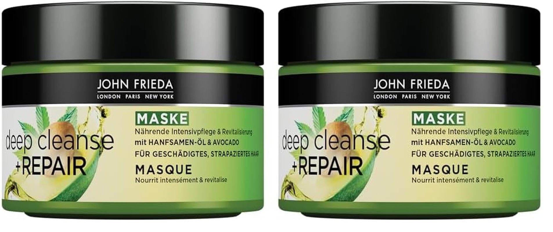 John Frieda - Deep Cleanse & Repair Mask / Treatment - Inhoud: 250 ml - Met hennepzaadolie + voedende avocado - Kalmerend haarmasker voor beschadigd haar Naty Shop haarmasker 250 ml (pak van 2)
