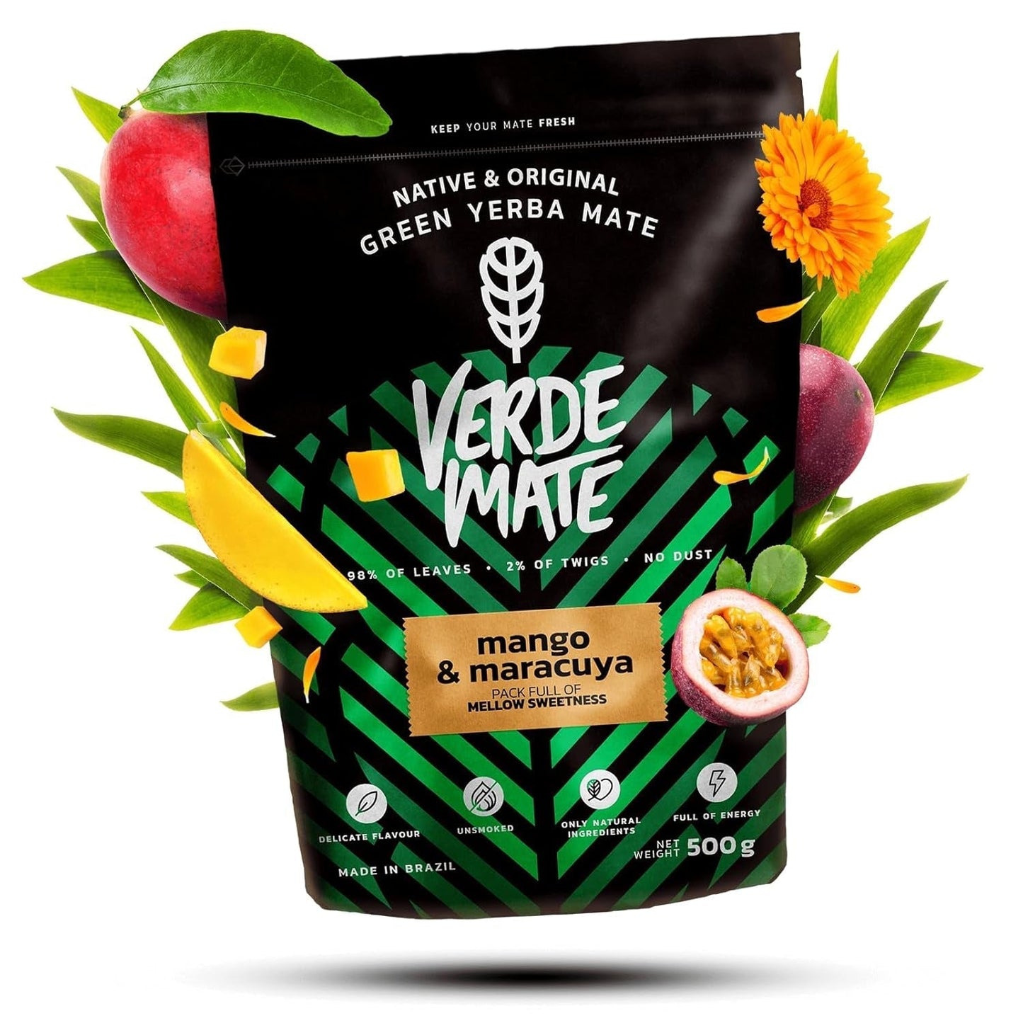 Green Mate Groene Mango & Maracuya 0,5Kg | Mate fruitthee | De exotische smaak van Mate thee De kracht van verkoeling | Natuurlijke stimulatie | Mate Thee uit Brazilië | 500 gr