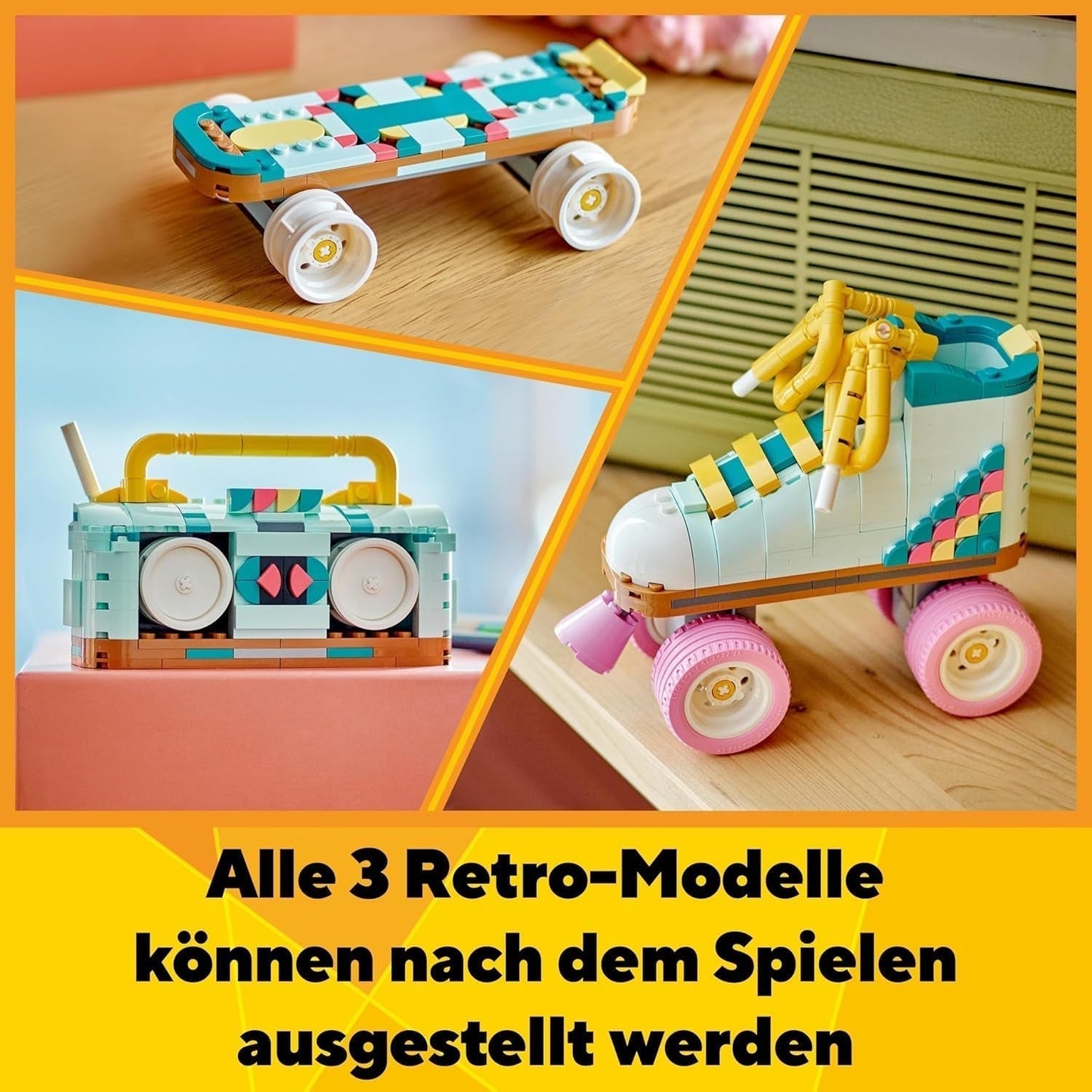 LEGO Creator 3In1 rolschaatsspeelgoed voor meisjes en jongens met miniskateboard en boombox, retro slaapkamerdecoratie, verjaardagscadeau voor 8 jaar oud 31148 Bouwsets