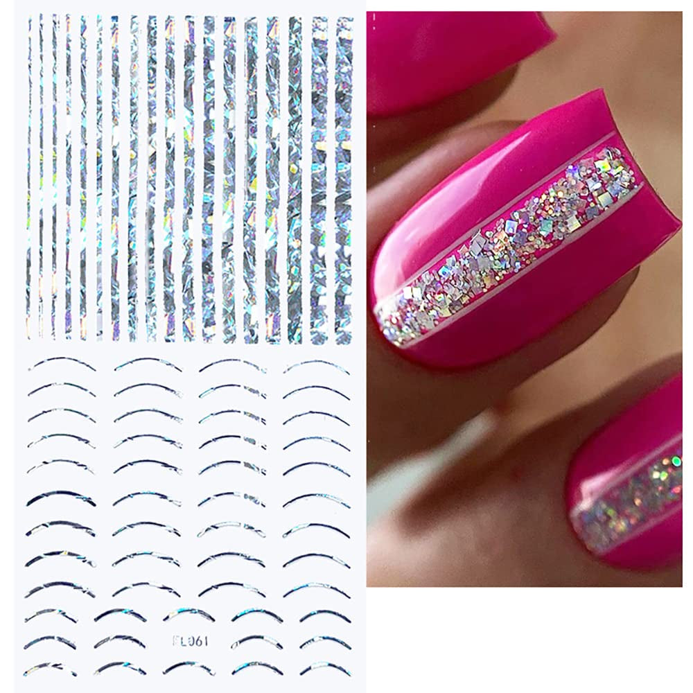 12 vellen Laserglitterlijnen Zelfklevende nagelstickers Holografische stickers Bronzen strepen Nagelstickers Franse lijn Gebogen strikken Golvende lijnen Nagelstickers Nagelkunstaccessoires