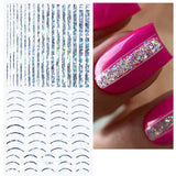 12 vellen Laserglitterlijnen Zelfklevende nagelstickers Holografische stickers Bronzen strepen Nagelstickers Franse lijn Gebogen strikken Golvende lijnen Nagelstickers Nagelkunstaccessoires