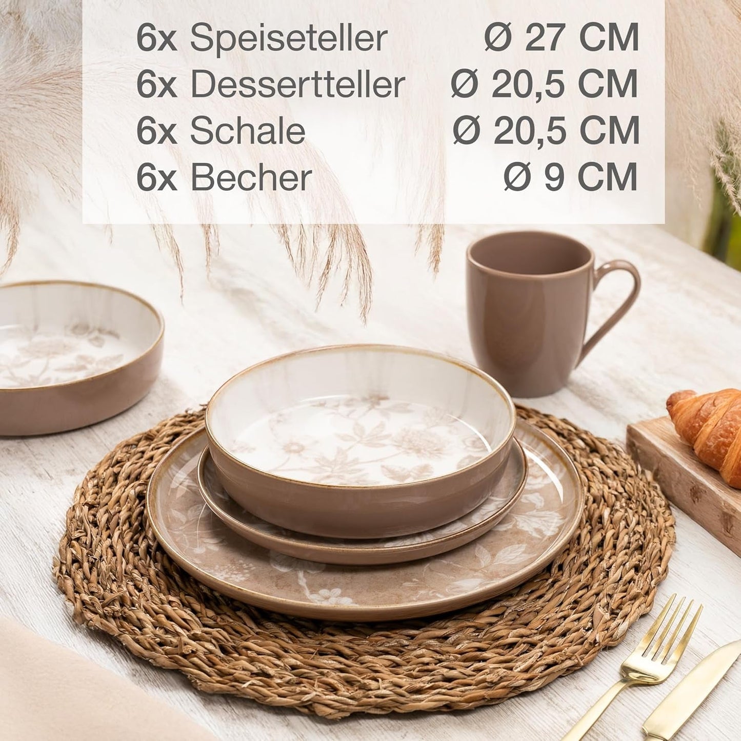 Moritz & Moritz MARIELLA 6-persoons 24-delige steengoed serviesset - Modern beige servies met speels design, onderhoudsvriendelijk koffieservies met borden, schalen en kopjes - Combinatieset