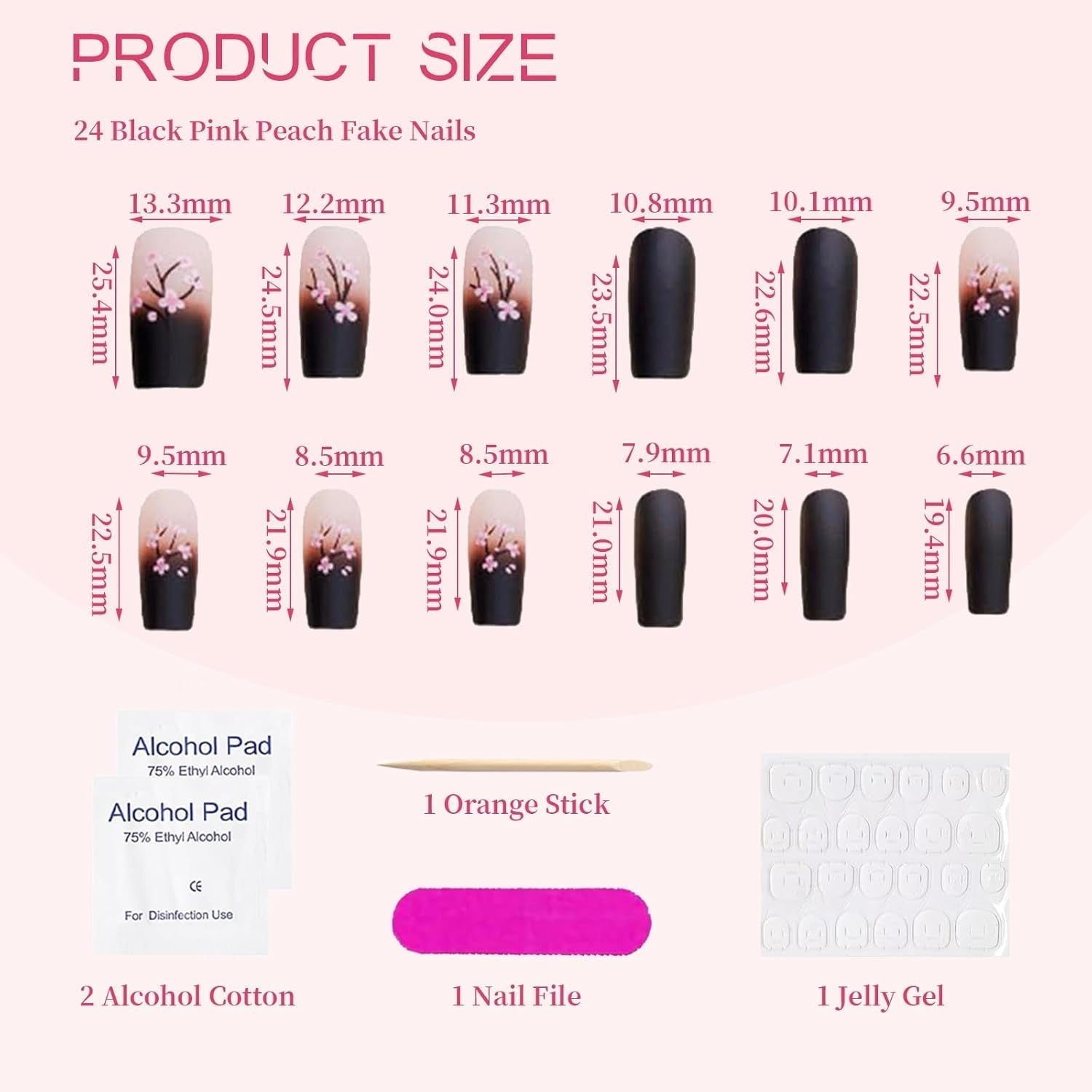 24 stuks herfst zwarte Franse pers nagels roze bloem lange nagels lijm op kunstnagels herfst kunstnagels set met accessoires