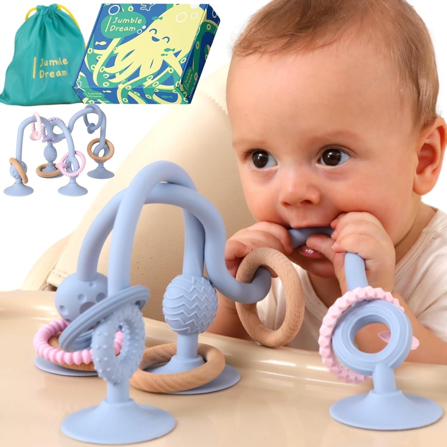 JUMBLE JANGLE Babybijtring: Babybijtspeeltje 3-24 maanden | Set van 7 BPA-vrije kauwspeeltjes | Verkoelende siliconen bijtring | Peuterspeelgoed met zuignap voor kinderstoel, tafel en badkuip