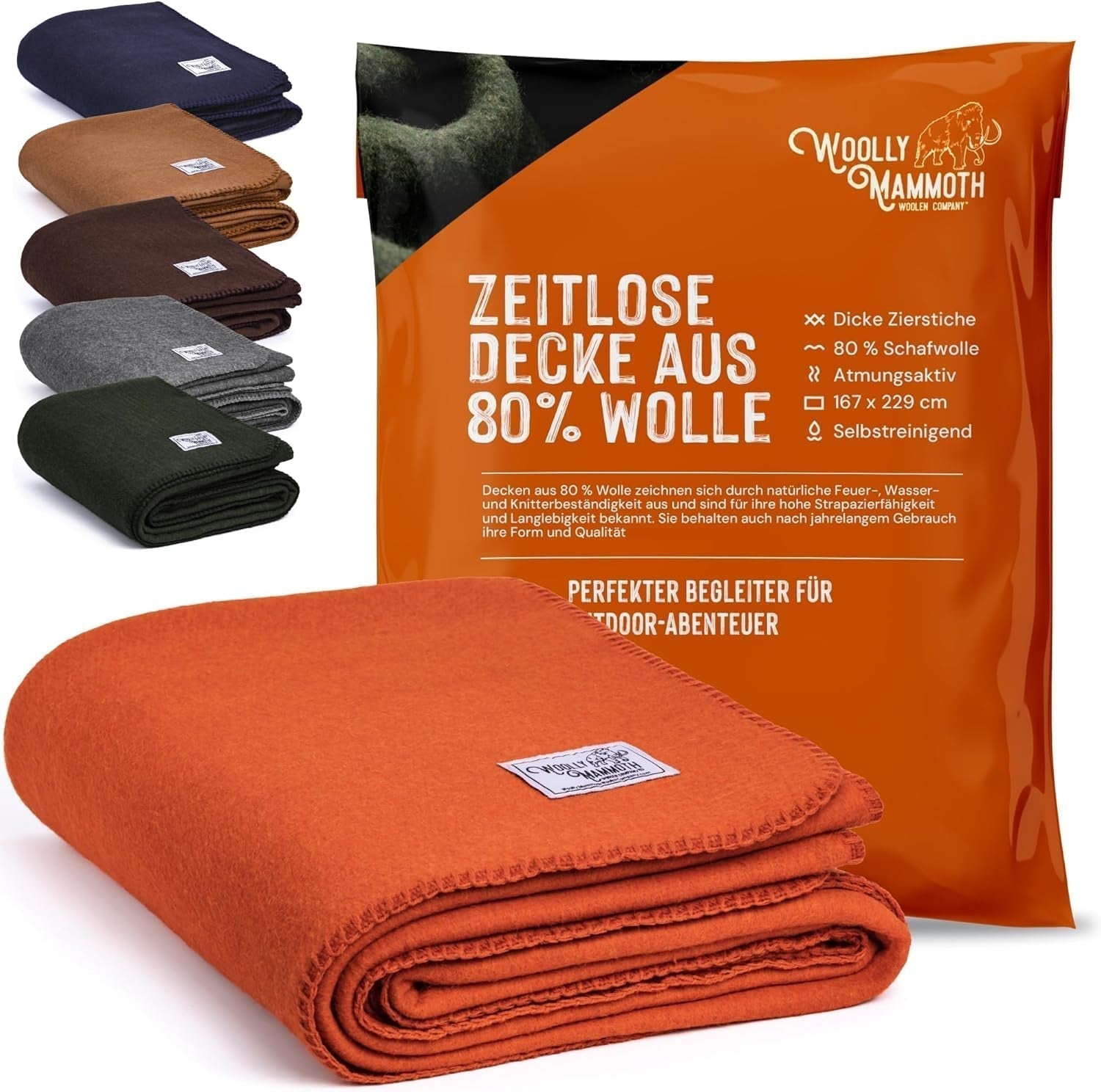 Woolly Mammoth Woolen Co. kampeerdeken, extra groot, merinowol, De perfecte outdooruitrusting voor bushcraft, kamperen, trekking, wandelen, survival of hutdeken. Bruin, 168 X 228 Woolly Mammoth Woolen Company Oranje/Rood Avondzigzag (Zonsondergang Chevron) 66 "X 90" bedden en dekens