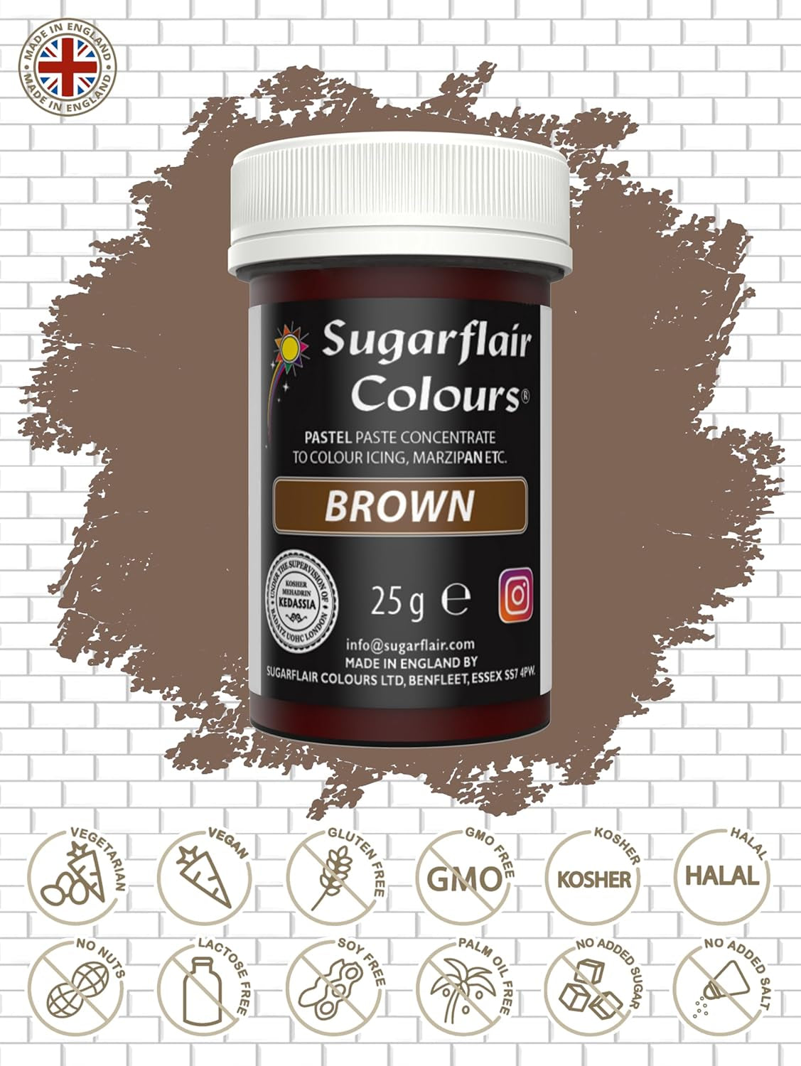 Sugarflair bruine kleurstofpasta, hooggeconcentreerde pastelkleurstof voor botercrème, fondant, royal icing, taartdecoraties en meer! Levendige voedselkleuring! - 25 gram