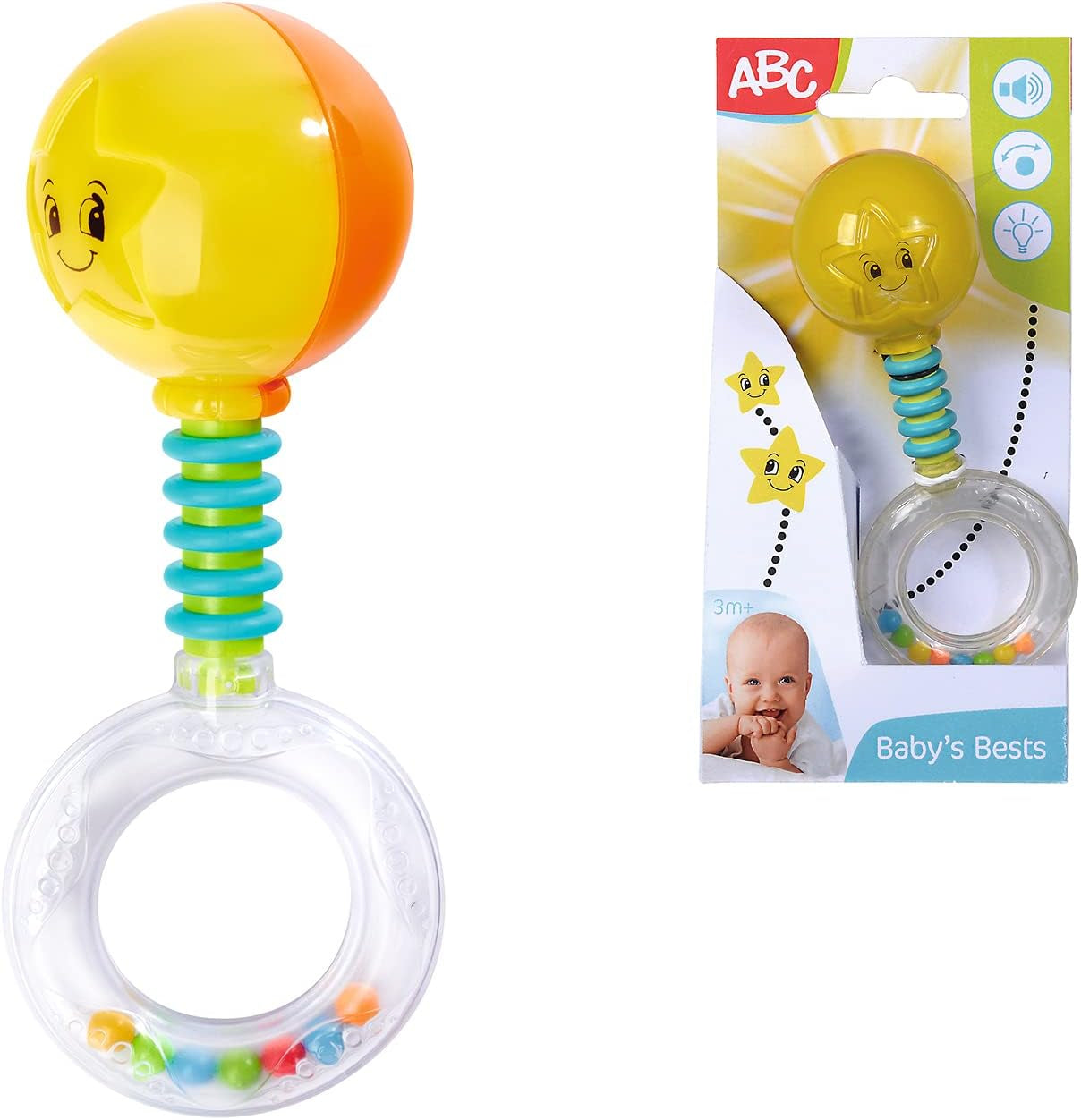 Simba 104010060 - Rammelaar ABC licht op, licht op bij schudden, 14cm, speelgoed voor baby's, rammelaar voor baby's, eerste uitrusting, vanaf 3 maanden, geel Jucarii Bebe Naty Shop