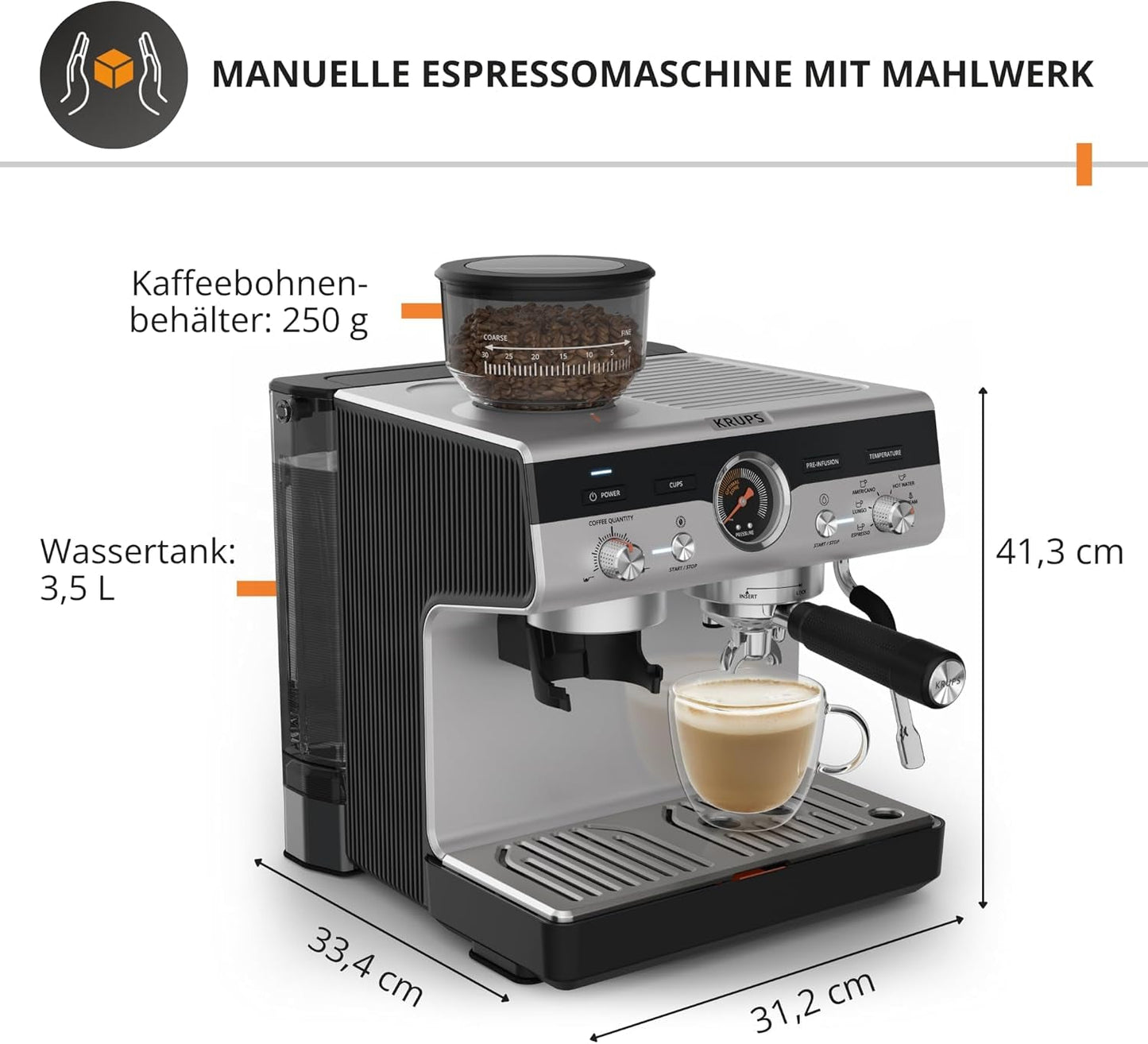 Krups Precision handmatige espressomachine met portafilter en molen, barista koffiemachine met intuïtief bedieningspaneel, pre-infusie instellingen, espressomachine met stoompijpje, snelle opwarming, XP801T10