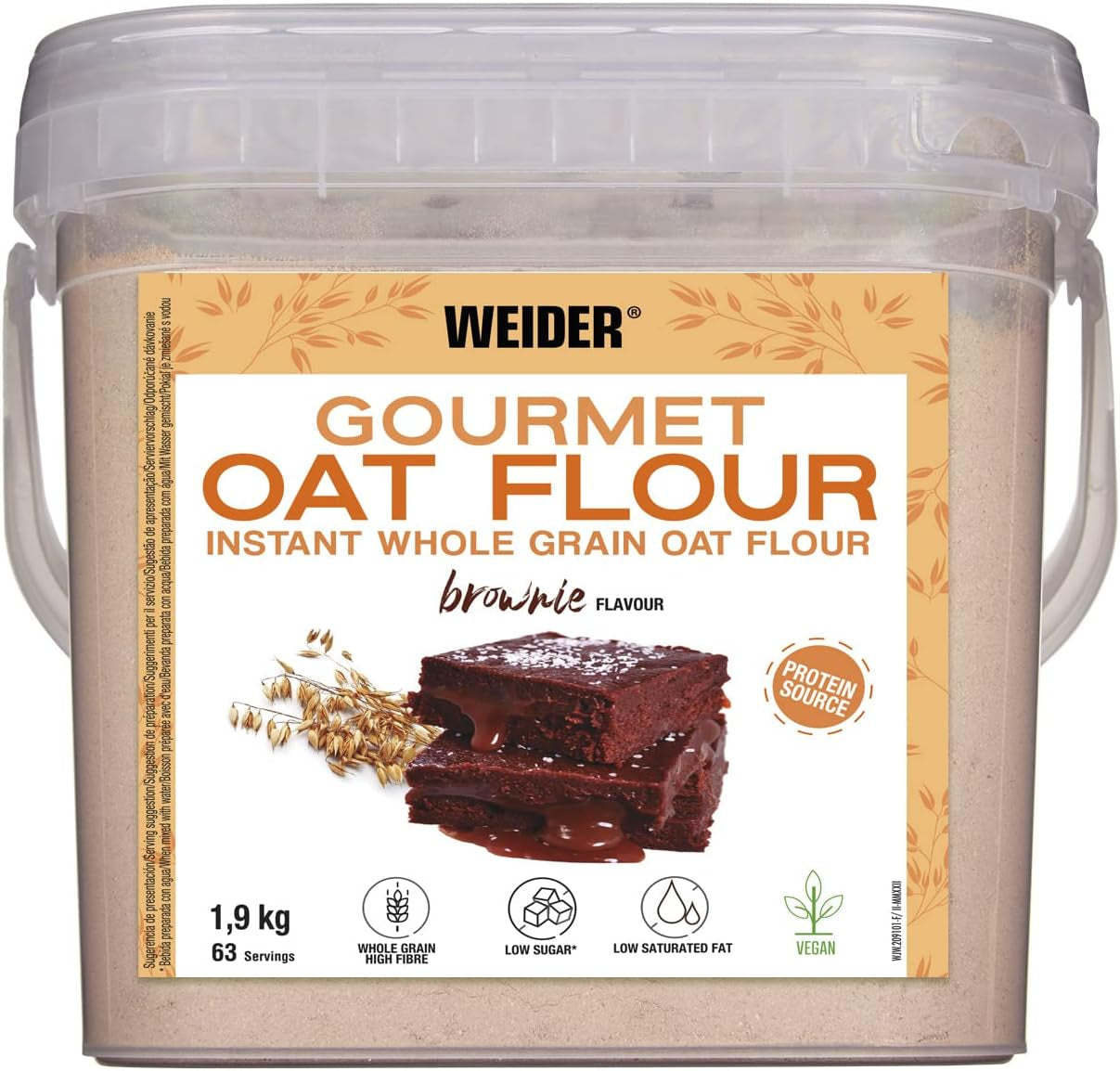 Weider Gourmet Havermout (1,9 kg) brownie smaak. Volkoren havermout. Eiwitbron met laag suikergehalte.