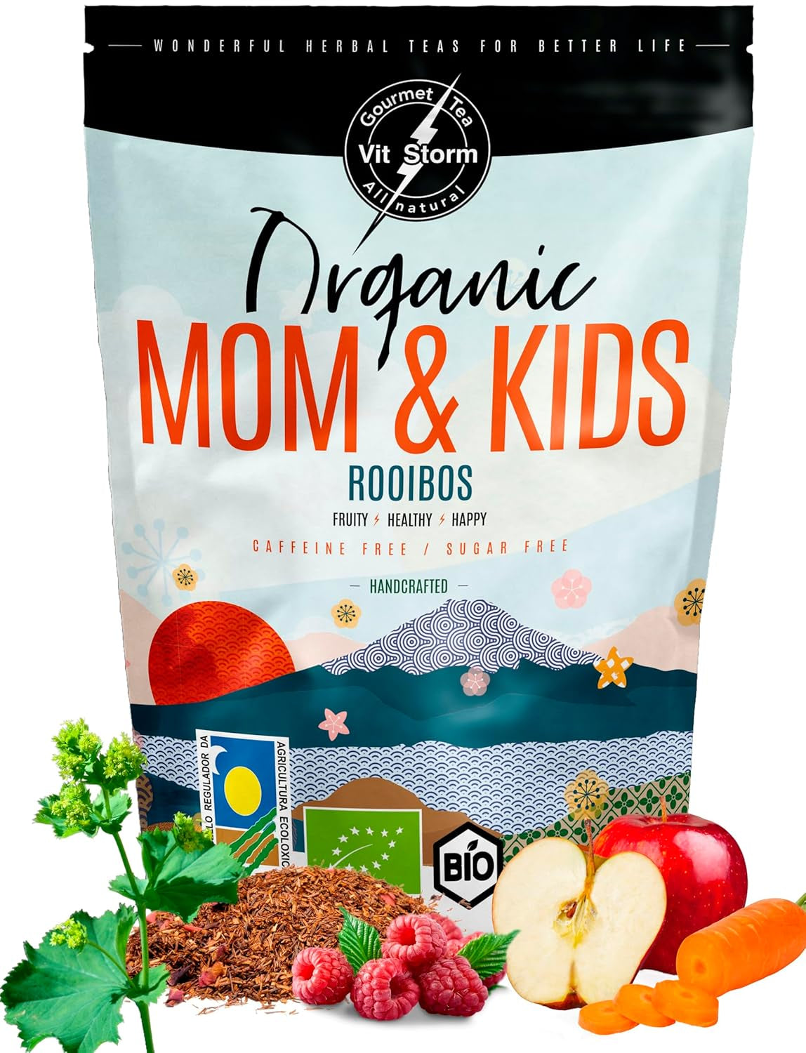 VITSTORM® BIO TEE Mom & Kids - Thee voor vrouwen en borstvoeding - Rooibos, appel, venkel, citroenmelisse, alchemilla, aardbei - Ontspannende thee - Fruitig en lekker - Cafeïnevrij - Kruidenthee 100 g
