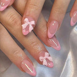 24pcs Witte Amandelpers op Franse nagels met strikken Parels Nepnagels Lijm op valse nageltips Glitternagels