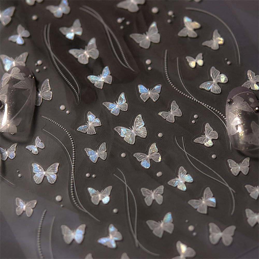 2 Blätter Schmetterling Nagelsticker Selbstklebend,Muschel Glitzer Nail Art Butterfly Nail Sticker Lila Grau Schmetterlinge Nagelaufkleber Relief Laser Vlinders Nagelsticker Nageldesign Zubehör