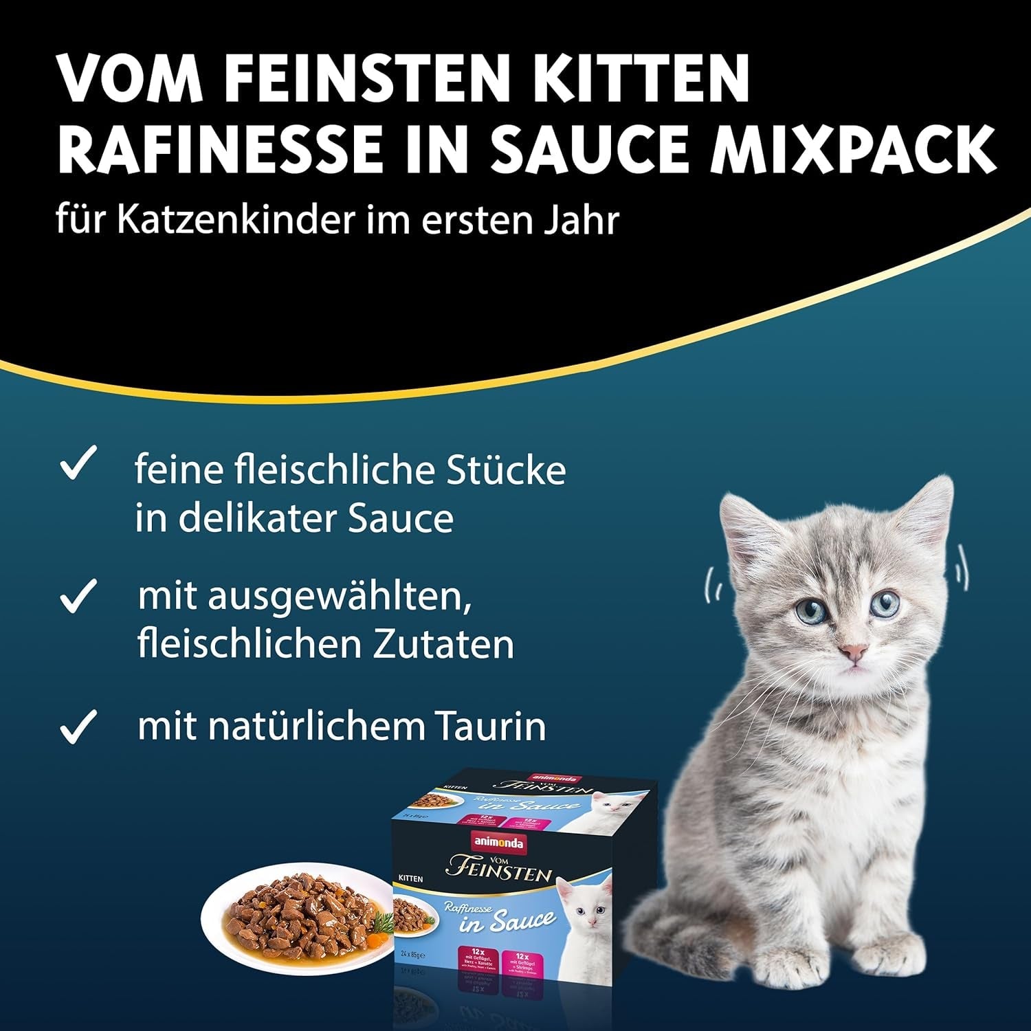 animonda vom Feinsten Premium Kitten Natvoer voor katten, Verfijnde smaken in saus, 24 zakjes (24 x 85 g), Hoogwaardig natvoer voor katten, suikervrij, Gemengde mix