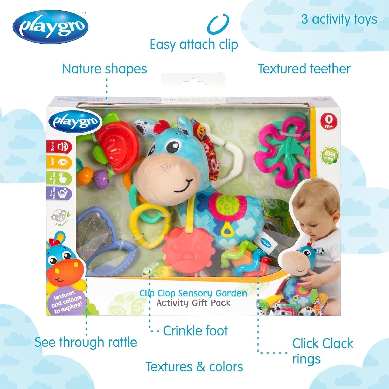 Playgro Clip Clop Sensory Garden Activity Gift Pack - Sensory Garden Toy voor baby's vanaf 0 maanden - Interactief speelgoed met rammelaars, bijtring en kinderwagen Friend - 4 stuks