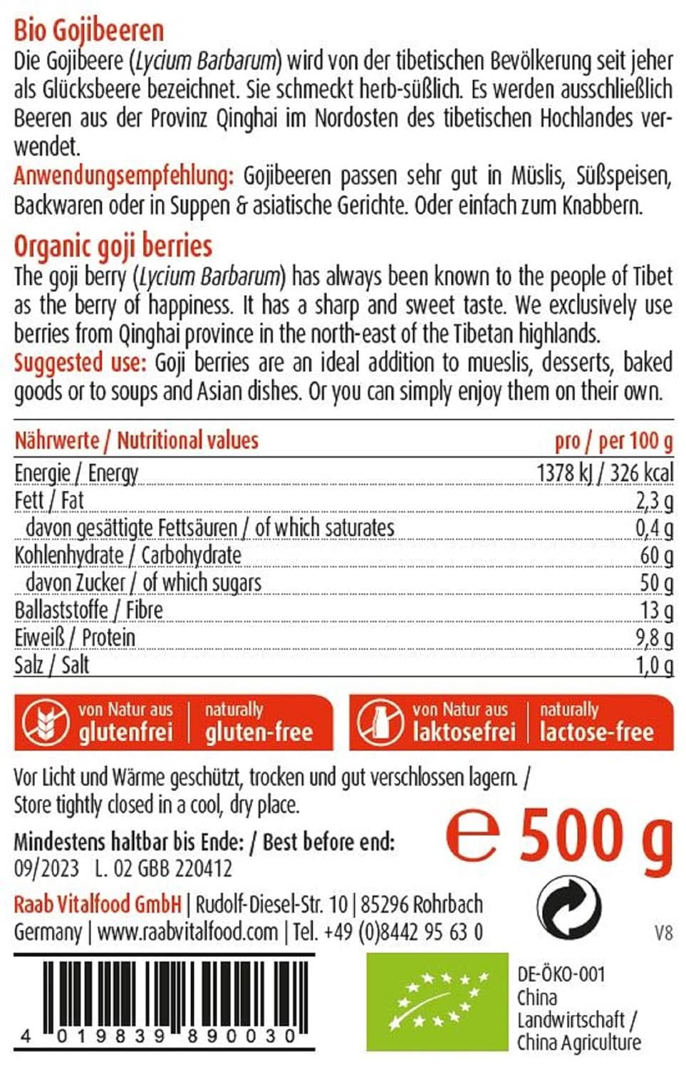 Raab Vitalfood Biologische Gojibessen, premium kwaliteit, 500 gram Naty Shop gedehydrateerde producten