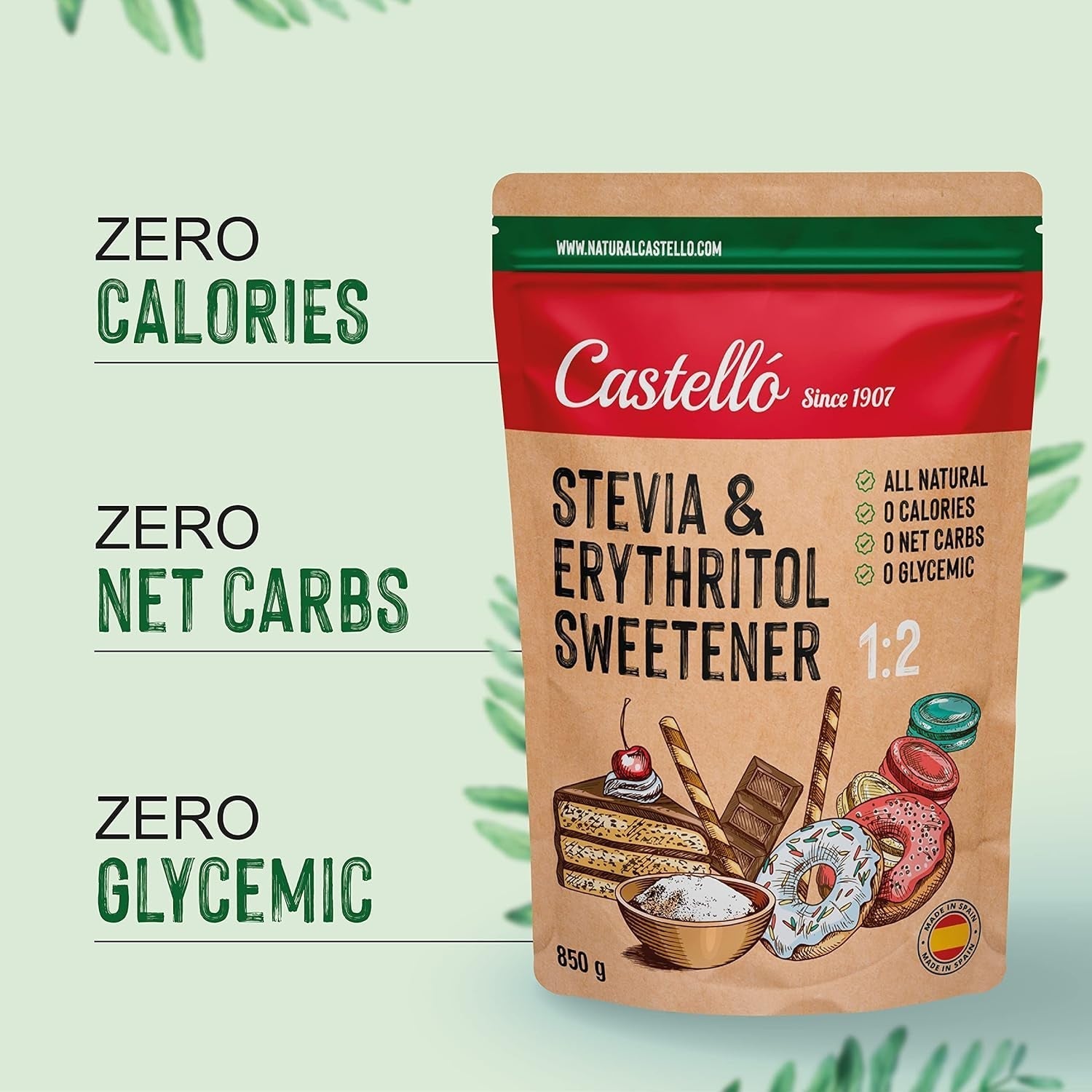 Stevia + Erythritol 1:2 Süßstoff | 1G = 2G Zucker | 100% Natürlicher Zuckerersatz - 0 Kalorien - 0 Glykämischer Index - Keto en Paleo - 0 Netto-Kohlenhydraat - Kein GVO - Castello sinds 1907 - 850 G Zoetstoffen Naty Shop