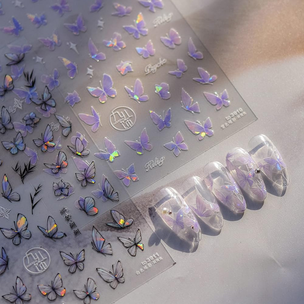 2 Blätter Schmetterling Nagelsticker Selbstklebend,Muschel Glitzer Nail Art Butterfly Nail Sticker Lila Grau Schmetterlinge Nagelaufkleber Relief Laser Vlinders Nagelsticker Nageldesign Zubehör