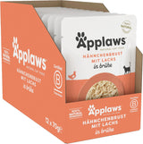 Applaws 100% natuurlijk nat kattenvoer, kippenborst met zalm in bouillon - verpakking van 12 zakjes van 70 g