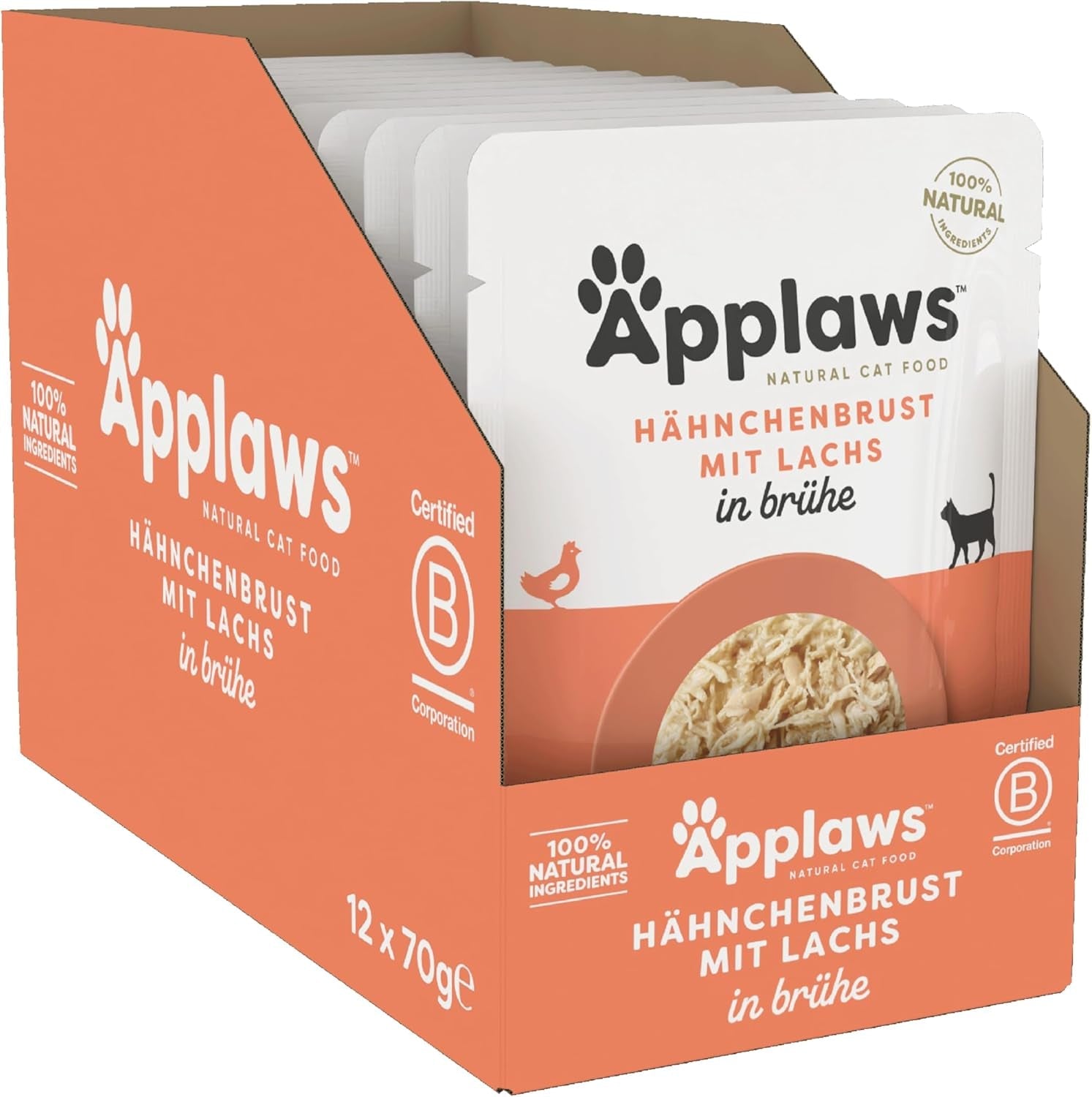 Applaws 100% natuurlijk nat kattenvoer, kippenborst met zalm in bouillon - verpakking van 12 zakjes van 70 g