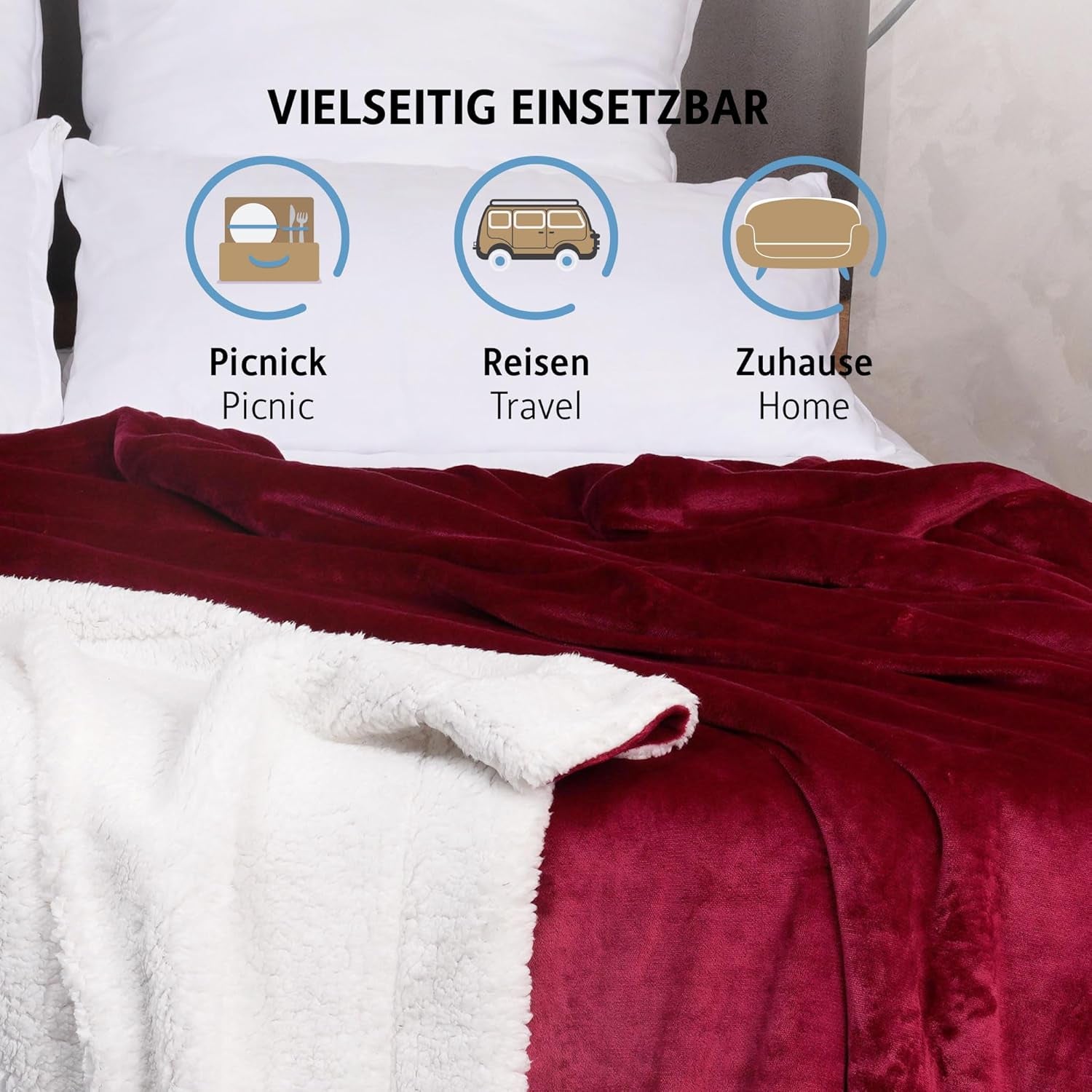 Komfortec gezellige deken 150X200 Cm, Oeko-Tex gecertificeerde pluizige fleecedeken, warme sherpadeken voor de bank, dikke deken voor de bank, bordeauxrode bedden en dekens Besuche den Komfortec-Store