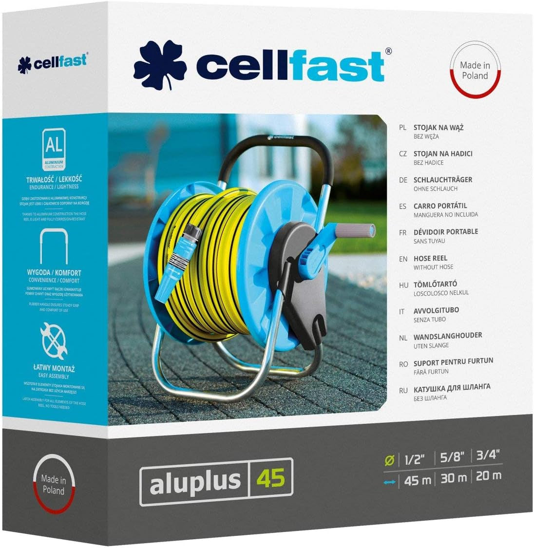 CELLFAST Slanghaspel, Corrosiebestendige Tuinslanghaspel, Voorkomt dat de slang buigt, 1/2" 45m Aluplus