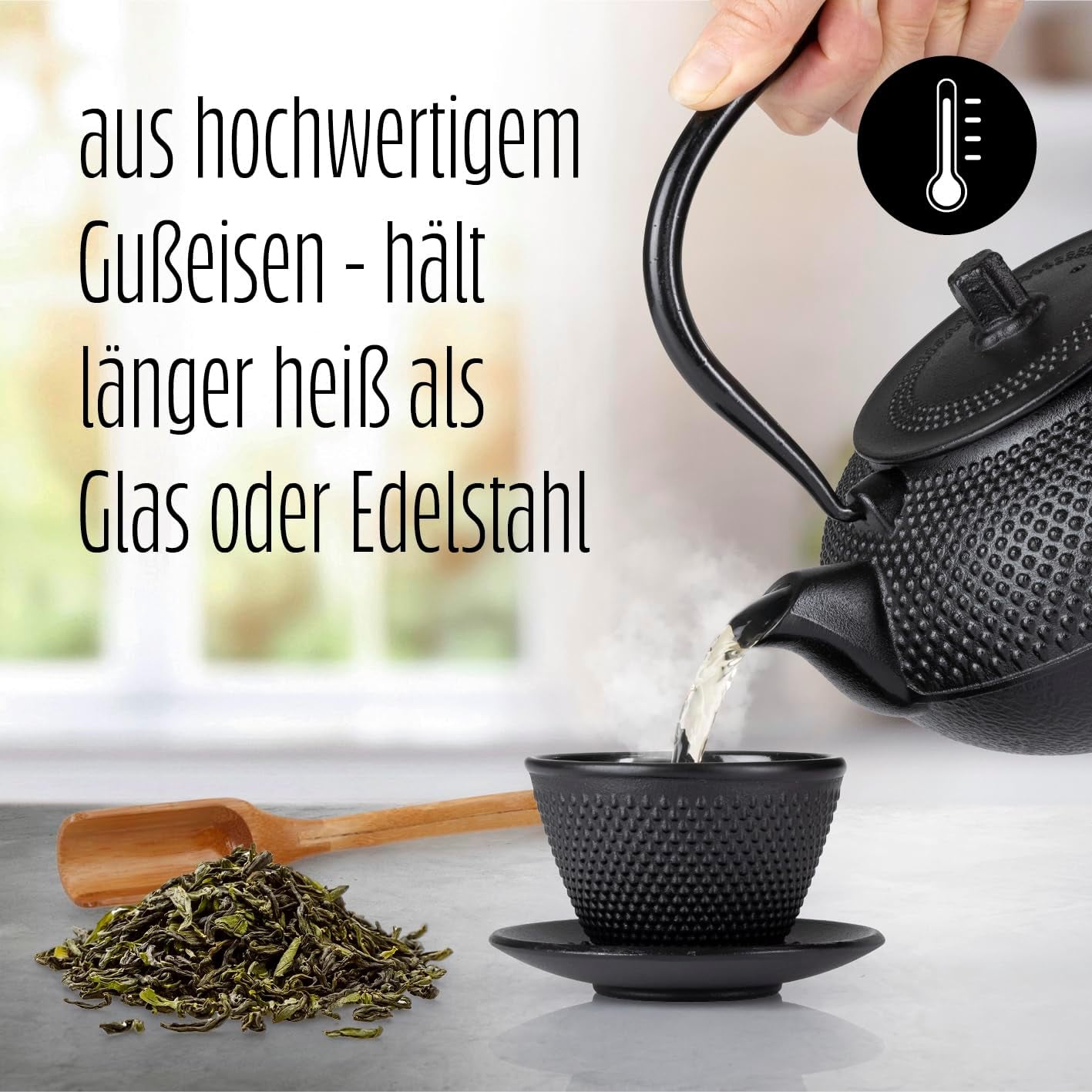Lumaland 8-delig theeservies | 1,4 Liter Tetsubin Gietijzeren Theepot | Gietijzeren kachel | 2 theekopjes en 2 schoteltjes | Japans theeservies inclusief bamboe maatlepel en roestvrijstalen zetgroep