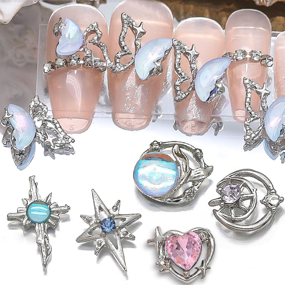 16 Stijl Luxus Mond Stern Nagel Charms 3D Nail Charms Y2K Legierung Strasssteine ​​Bogen Schmetterling Nagel Schmuck Metall Nail Art Charms Nägel Glitzersteine ​​​​Nailart Rhinestones Nageldesign Zubehör