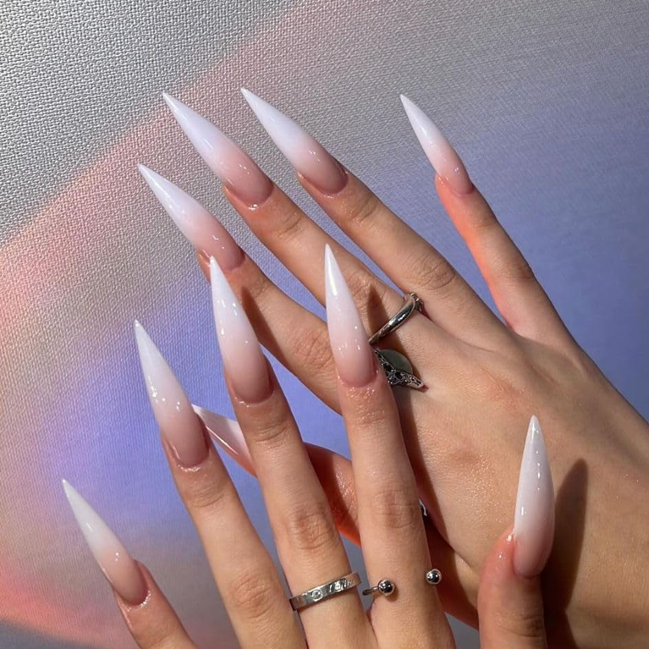 Mouyuglow Lange nagels Stiletto Melkwit Gradiënt Roze Glitter Cool Nepnagels met lijm Roze Ombre Glitter Kunstnagels