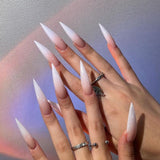 Mouyuglow Lange nagels Stiletto Melkwit Gradiënt Roze Glitter Cool Nepnagels met lijm Roze Ombre Glitter Kunstnagels