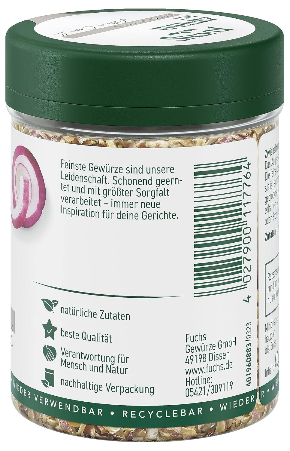 Fuchs Gewürze - Zwiebel rot geschnitten - Gewürz für Pürees, Salade of Brotaufstriche - natuurlijke ingrediënten - 40 g in wiederverwendbarer, recyclebarer Dosis